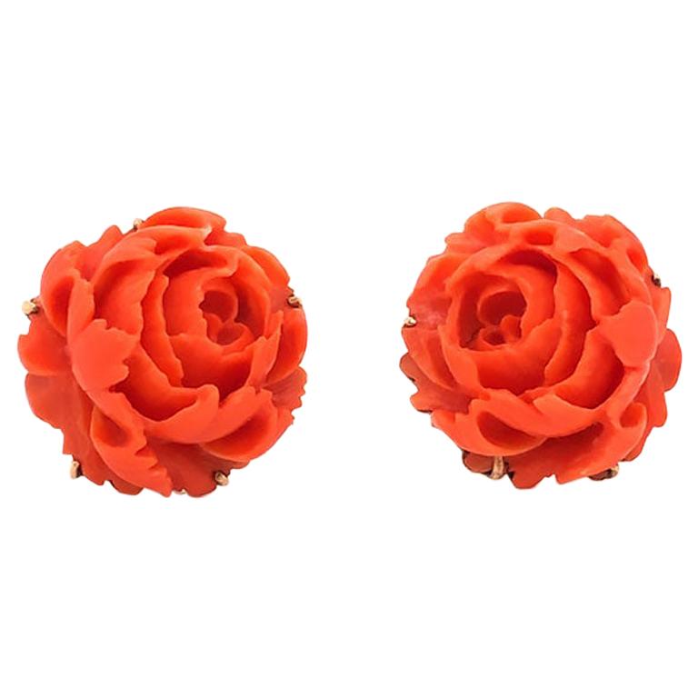 Carved Red Coral Flower Vuntage Earrings in 14 Karat Yellow Gold