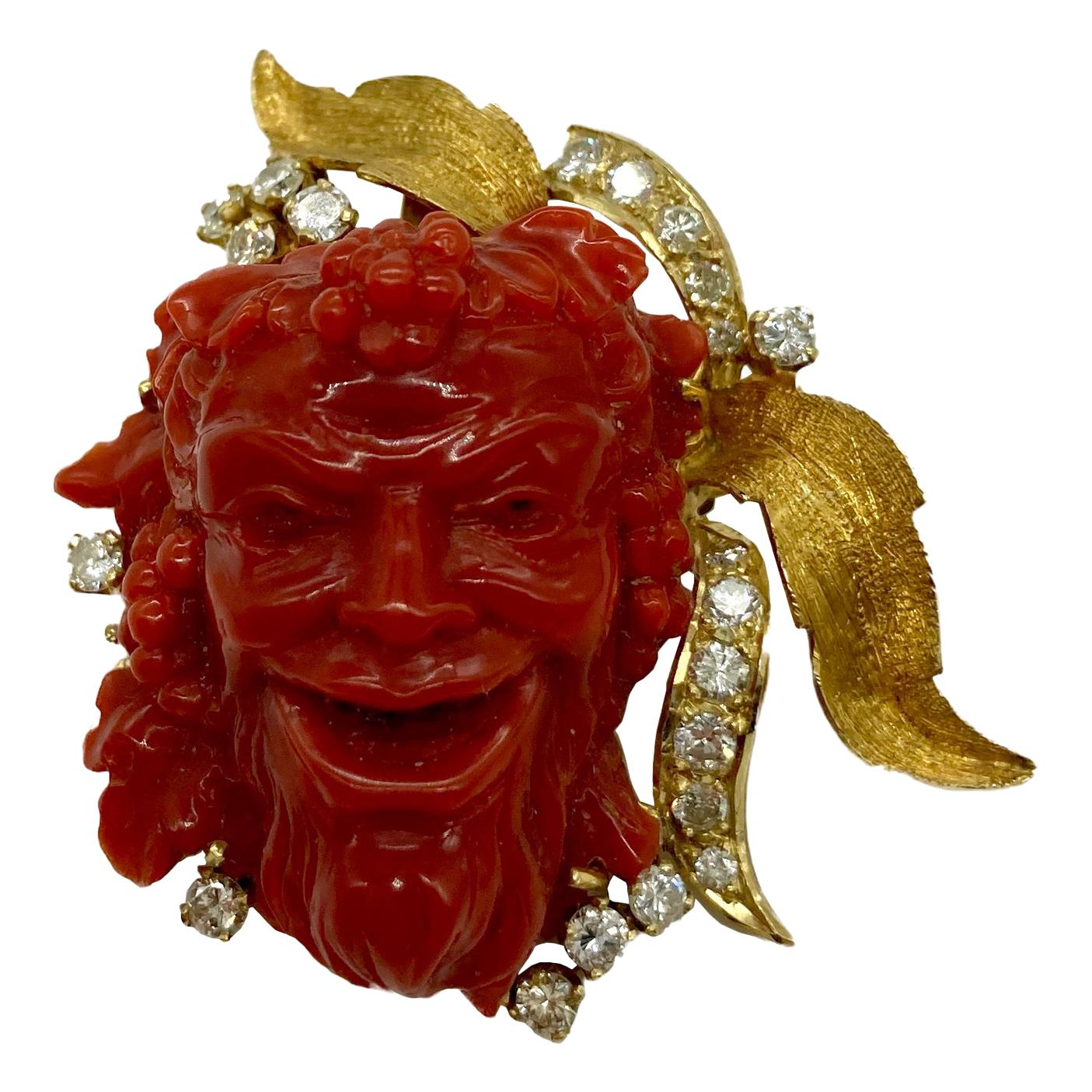 Carved Red Italian Coral and Diamond Bacchus Brooch-Pendant