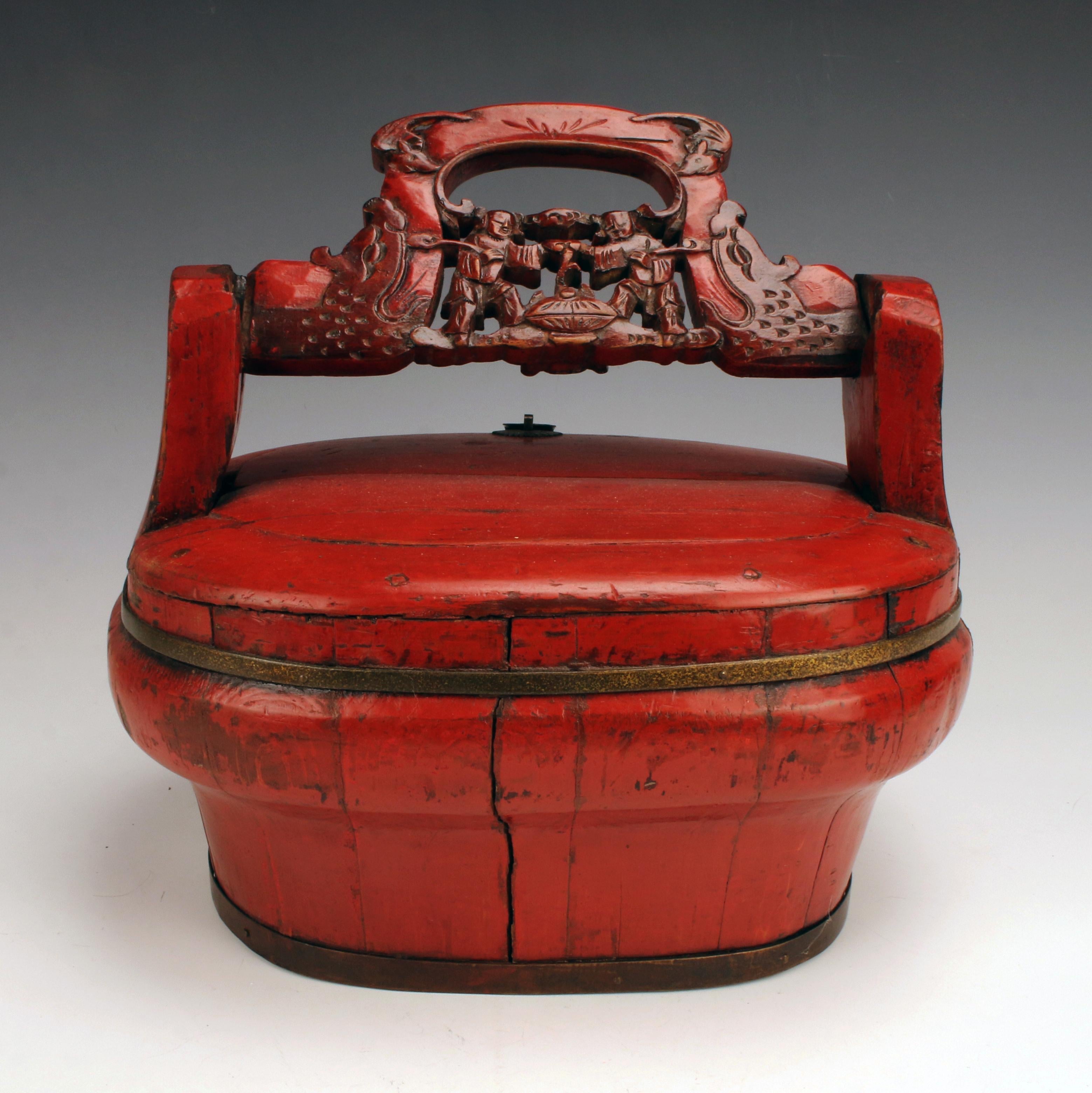 Carved Red Lacquer Hinged Basket Box In Good Condition For Sale In Norton, MA