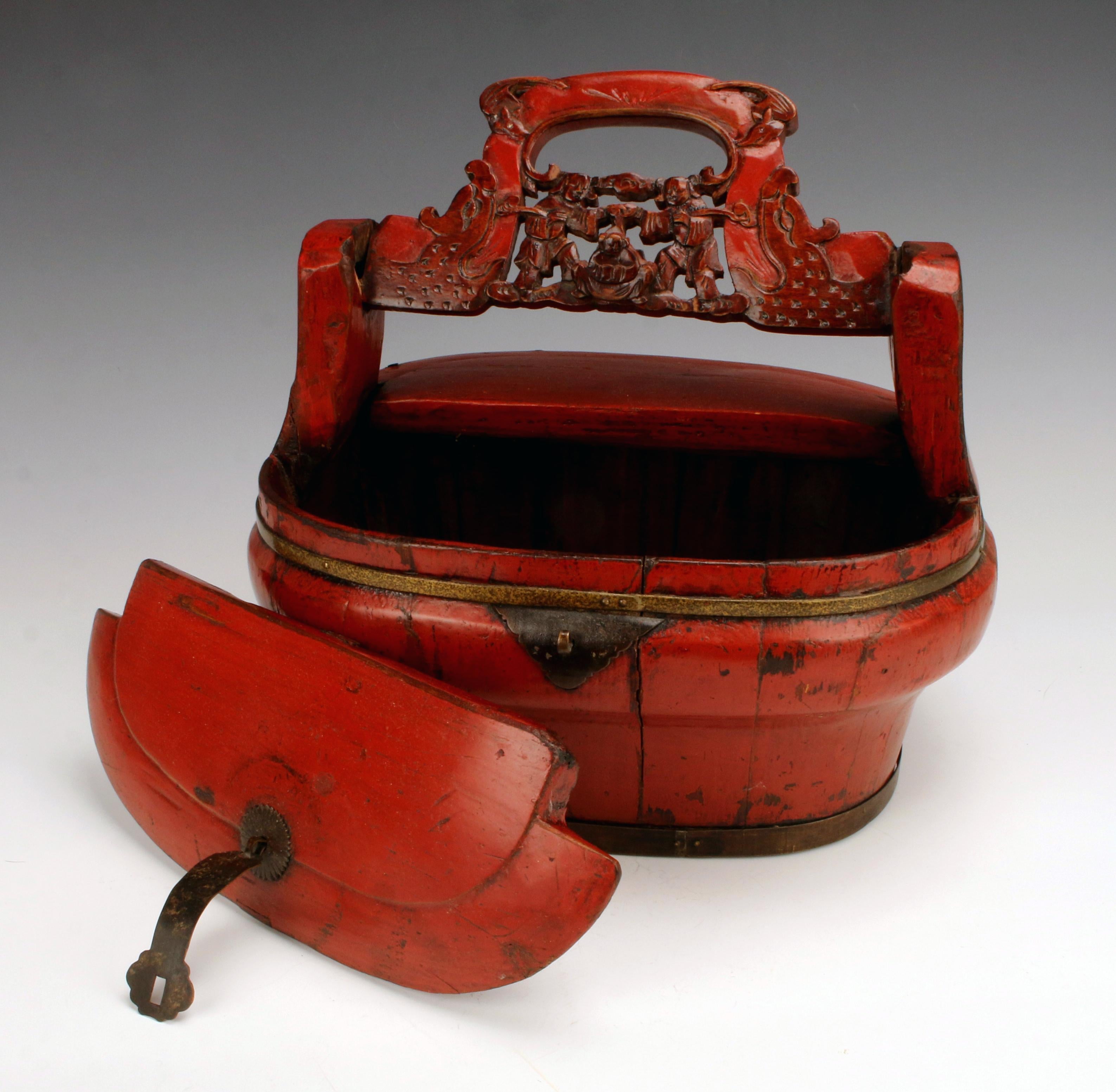 20th Century Carved Red Lacquer Hinged Basket Box For Sale