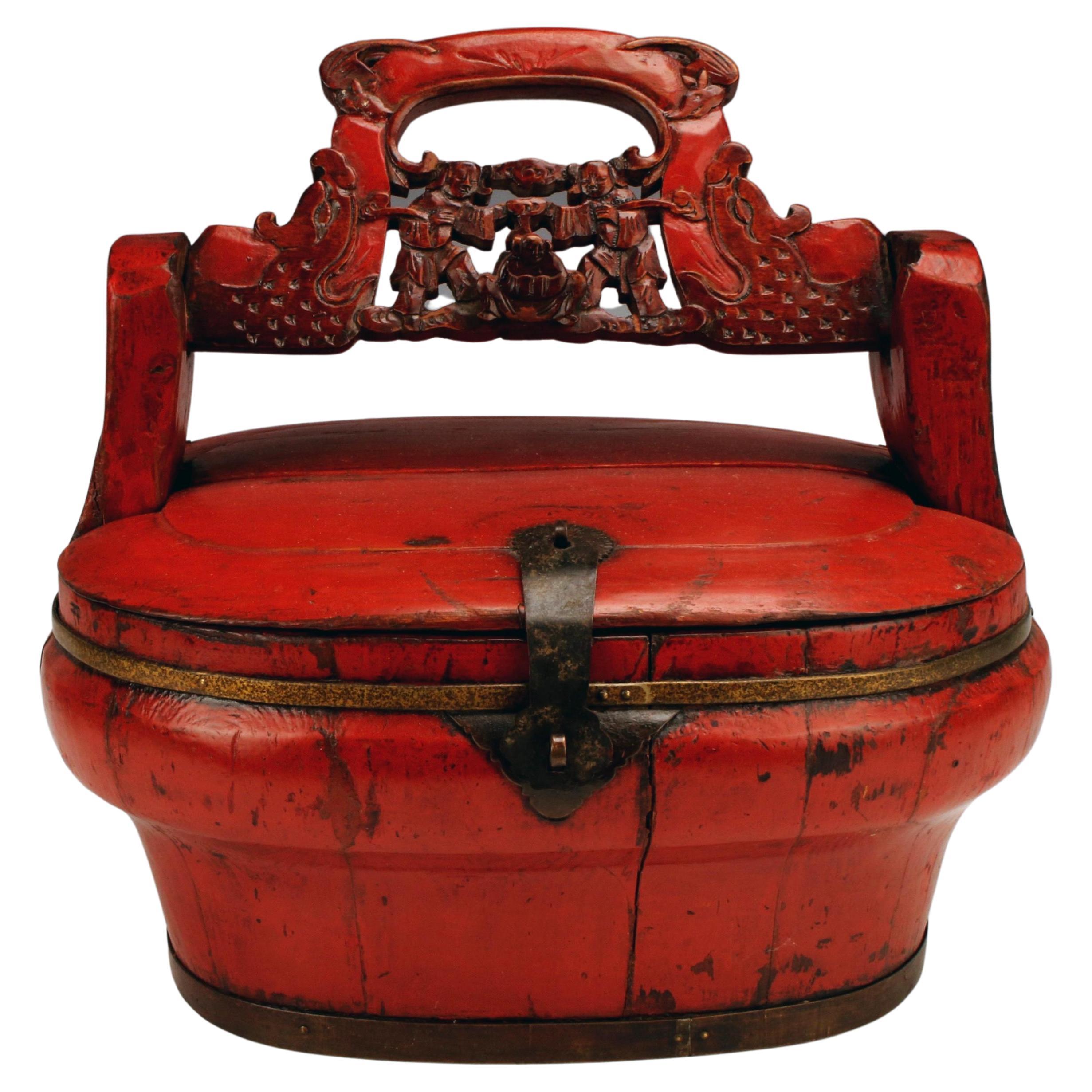 Carved Red Lacquer Hinged Basket Box For Sale