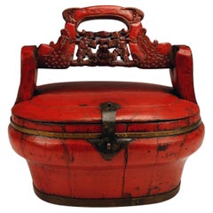 Carved Red Lacquer Hinged Basket Box