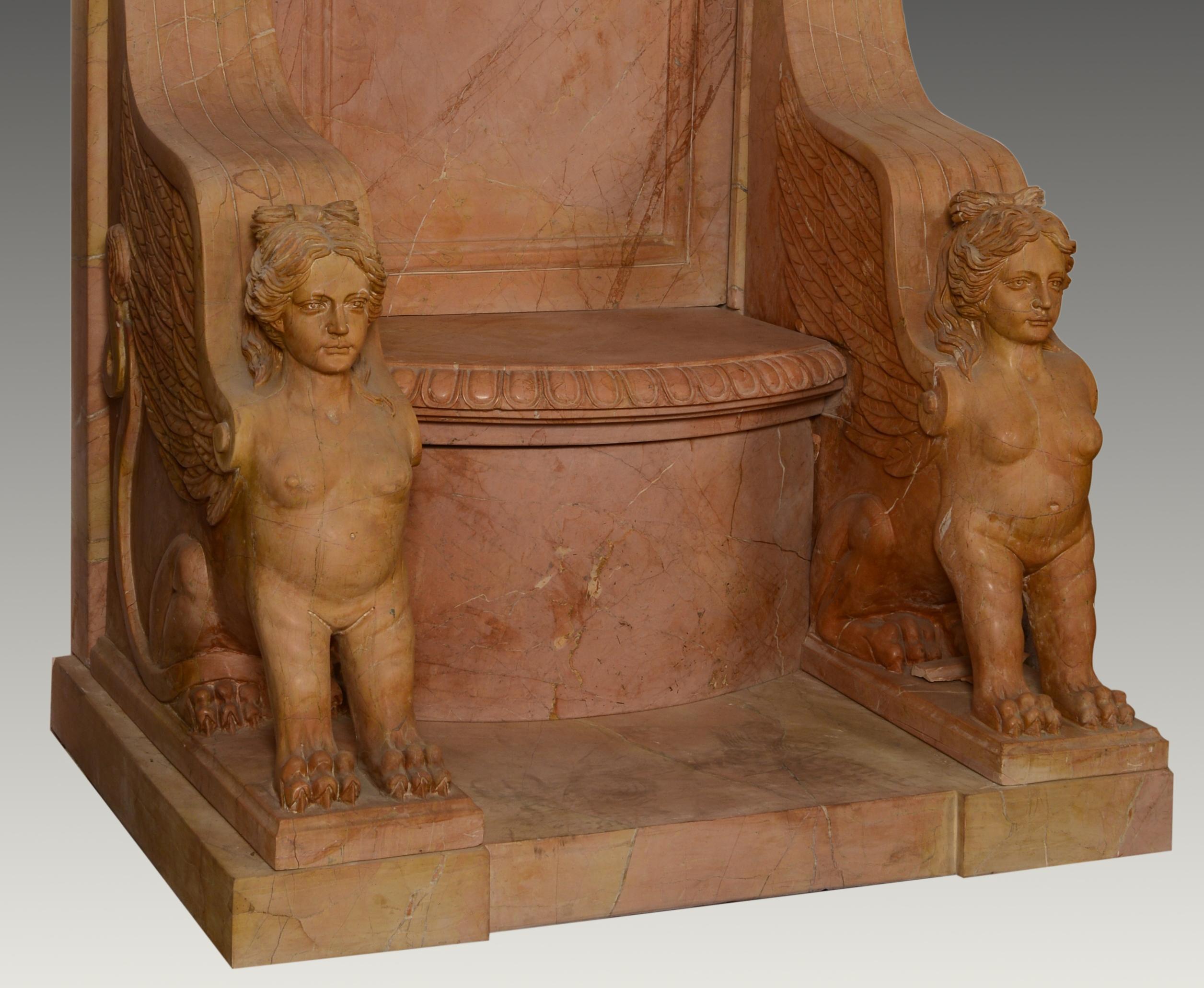 European Carved Red Marble Throne with Two Sphinxes For Sale