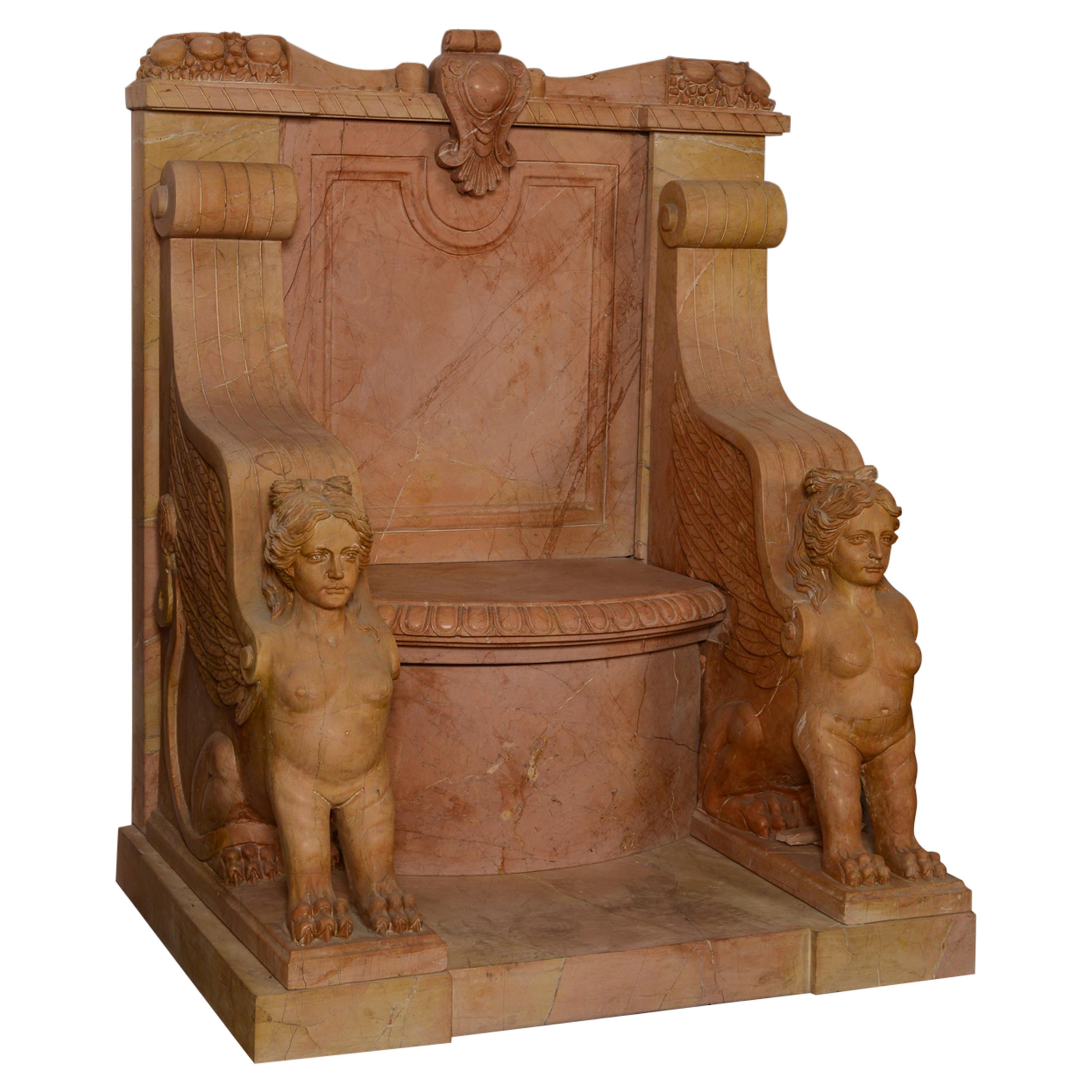 Carved Red Marble Throne with Two Sphinxes For Sale