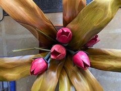Carved Red Tulip Coffee Table; Square; Glass Top