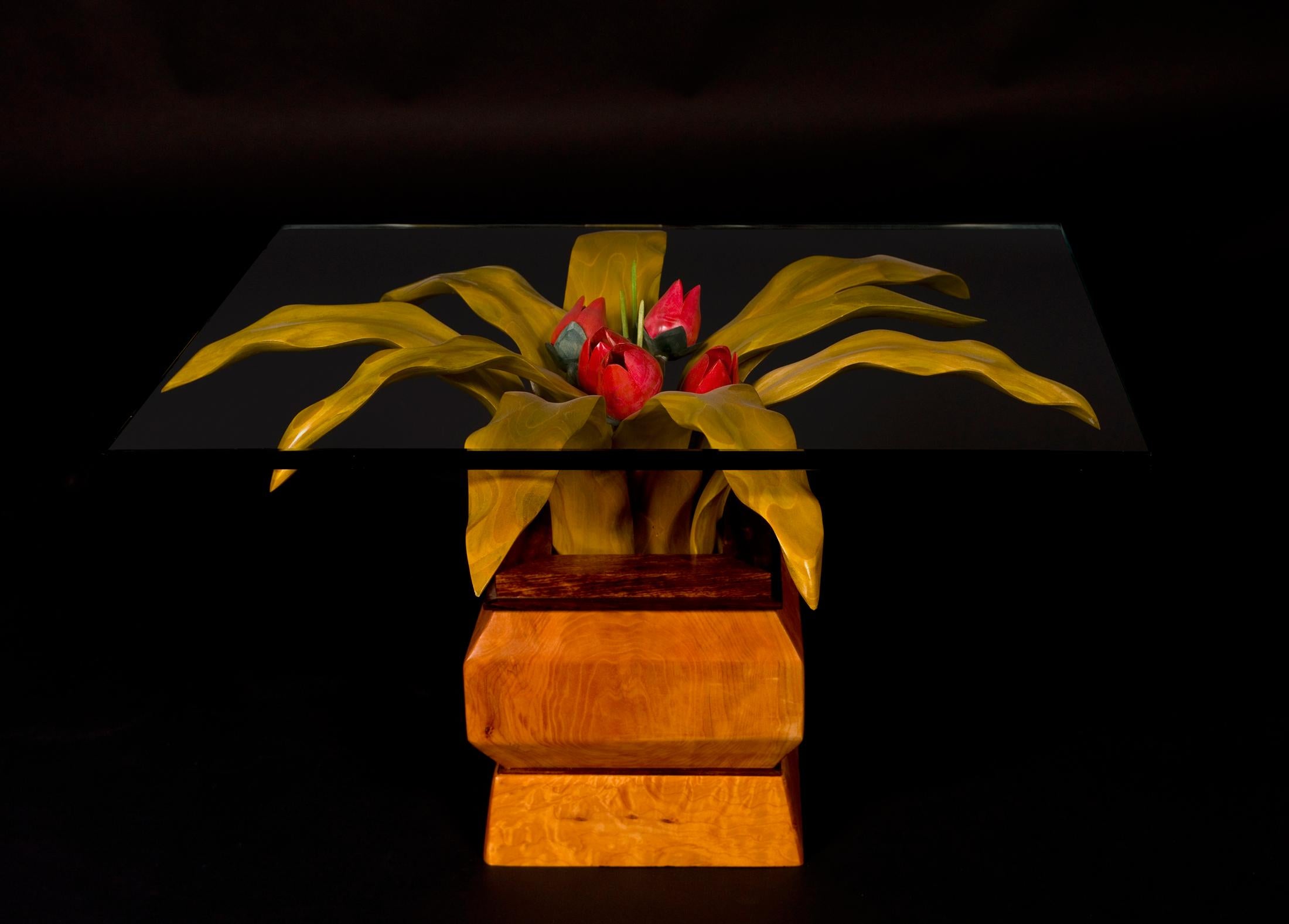 Hand-Carved Carved Red Tulip Coffee Table; Square; Glass Top For Sale