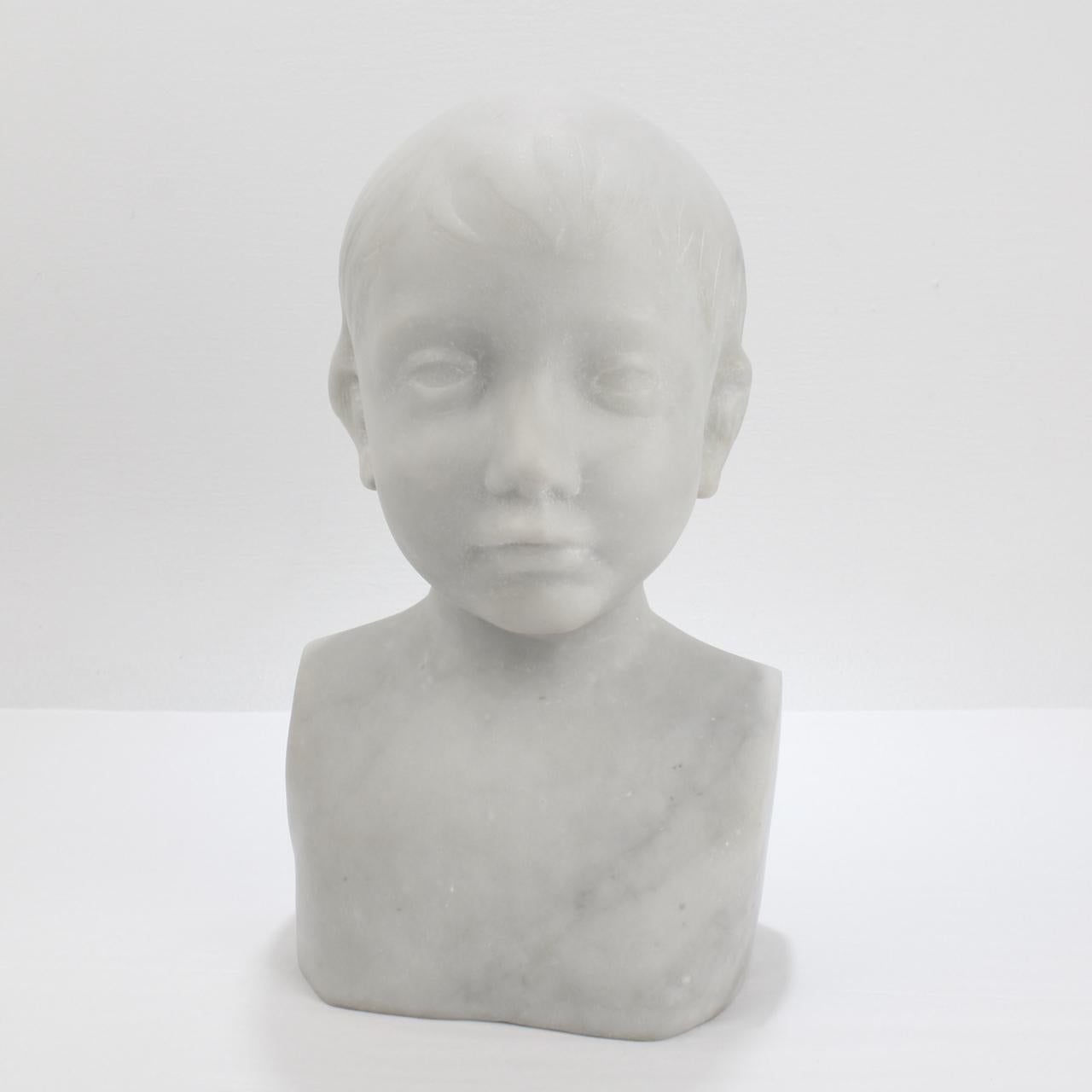 Carved Renaissance Style Cararra Marble Bust of a Child after Desiderio For Sale 4