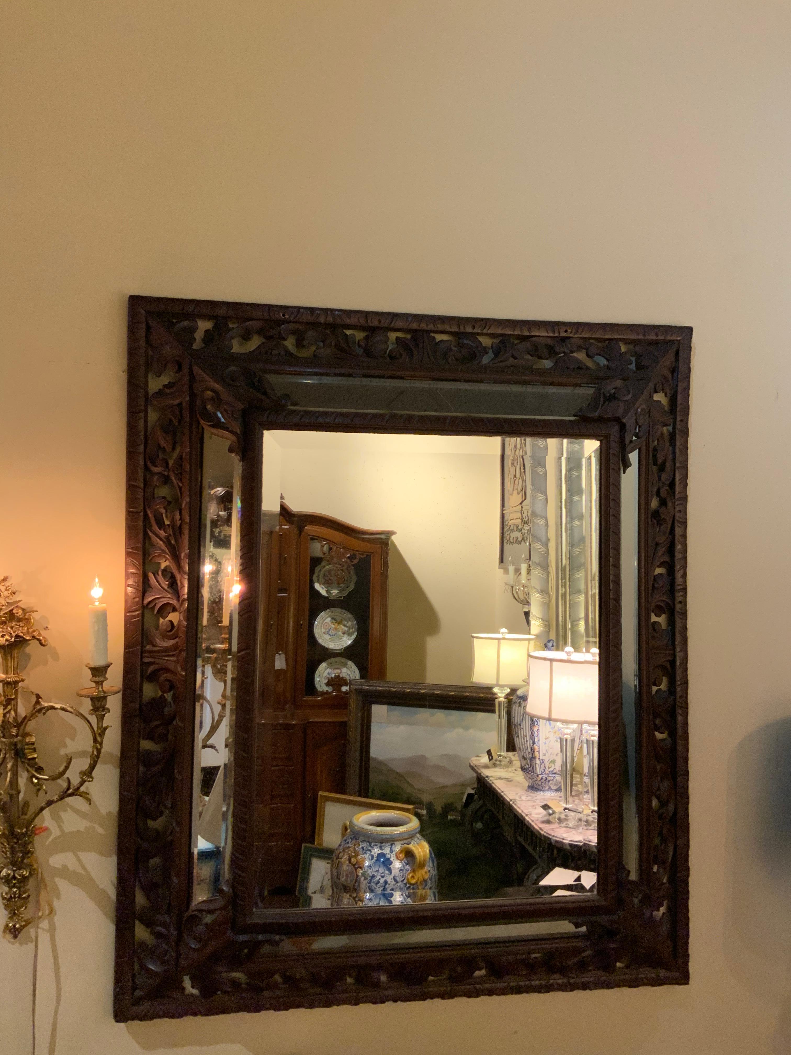 Carved Renaissance Style Dark Oak Framed Mirror 19th Century from Spain 4