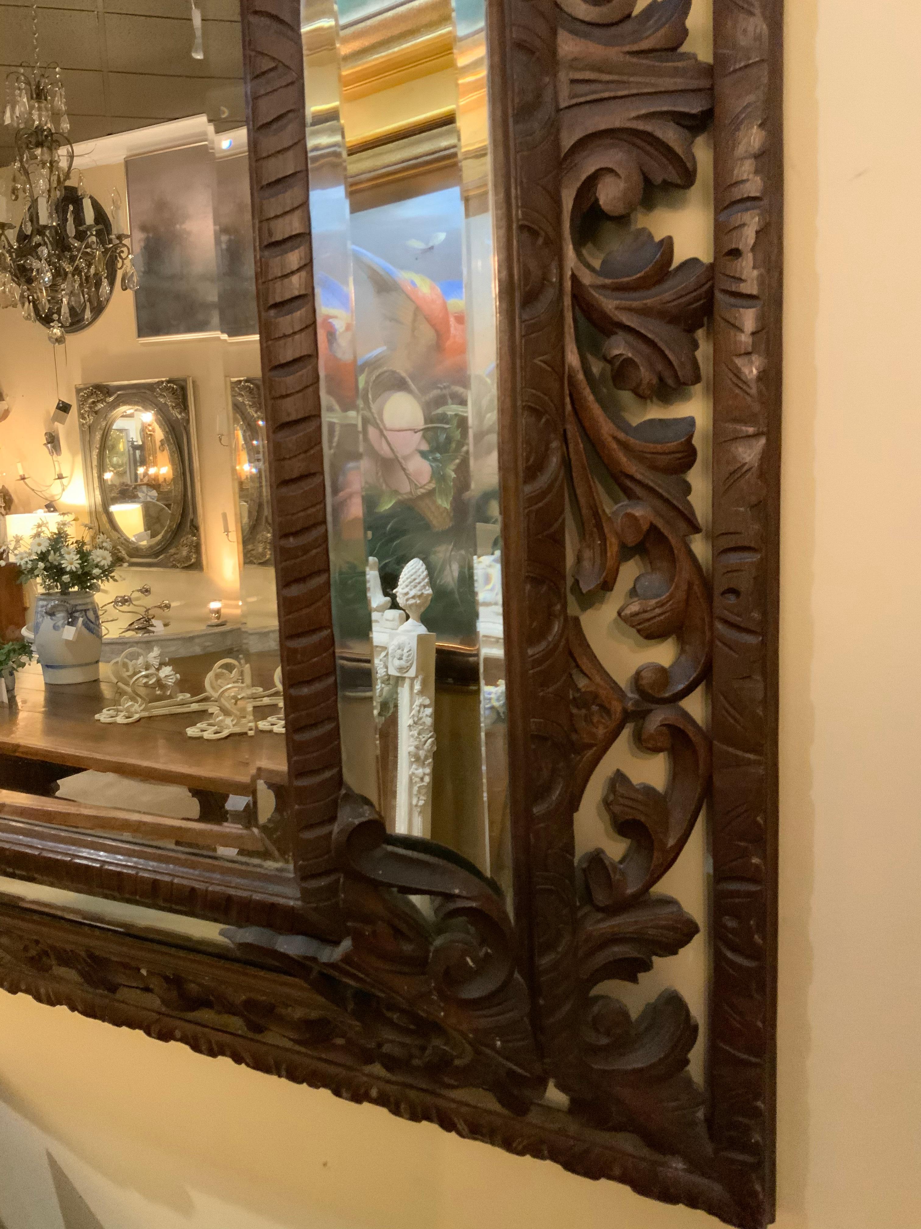 Renaissance Revival Carved Renaissance Style Dark Oak Framed Mirror 19th Century from Spain