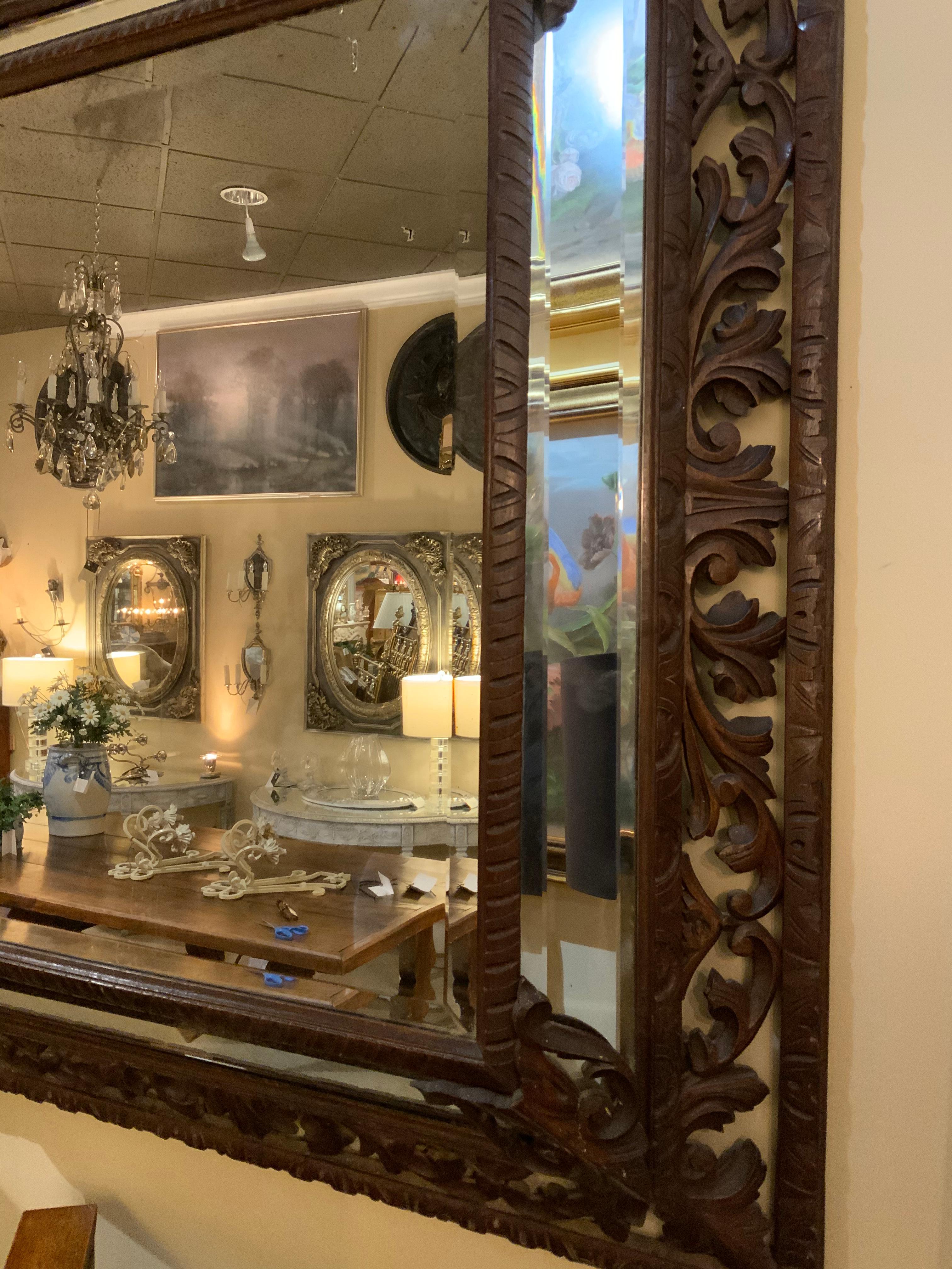 Spanish Carved Renaissance Style Dark Oak Framed Mirror 19th Century from Spain