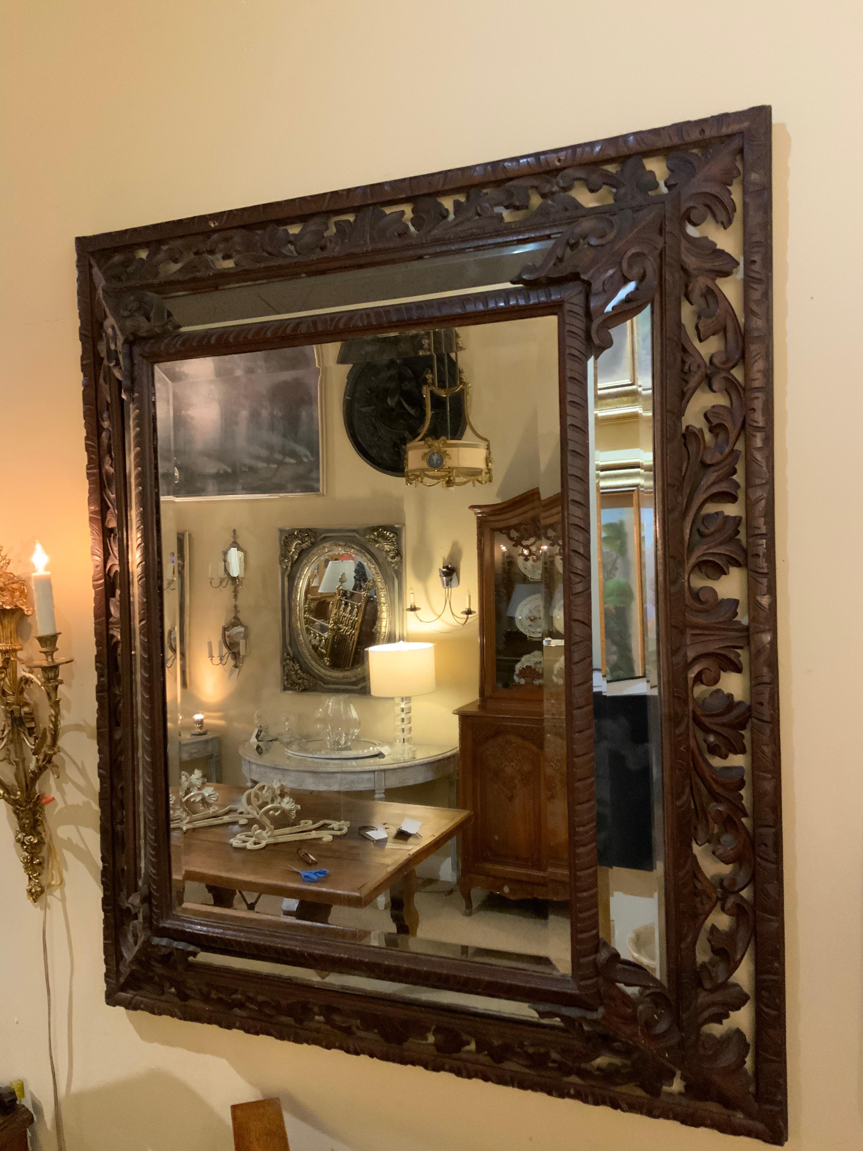 Hand-Carved Carved Renaissance Style Dark Oak Framed Mirror 19th Century from Spain