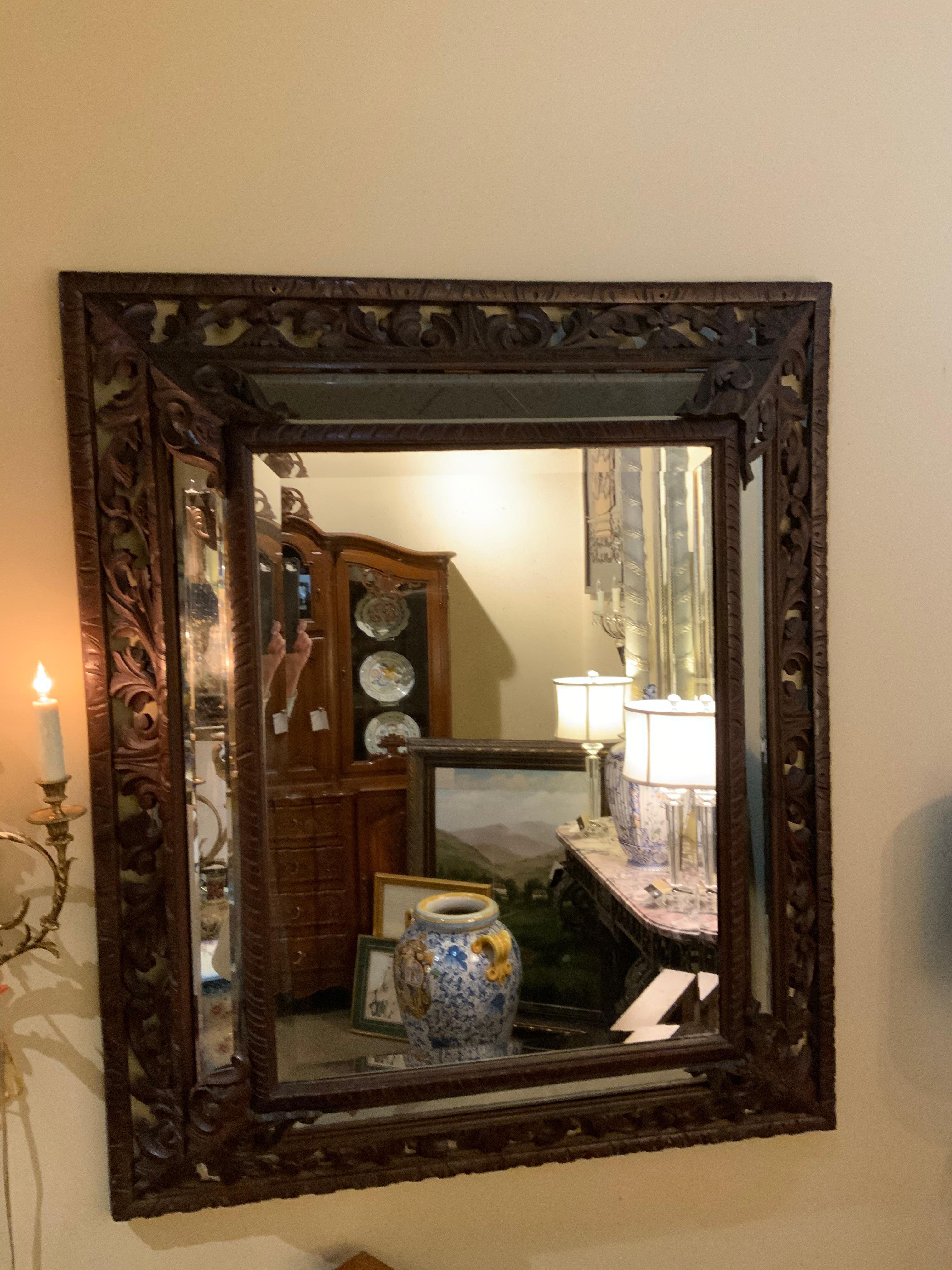 Carved Renaissance Style Dark Oak Framed Mirror 19th Century from Spain In Good Condition In Houston, TX