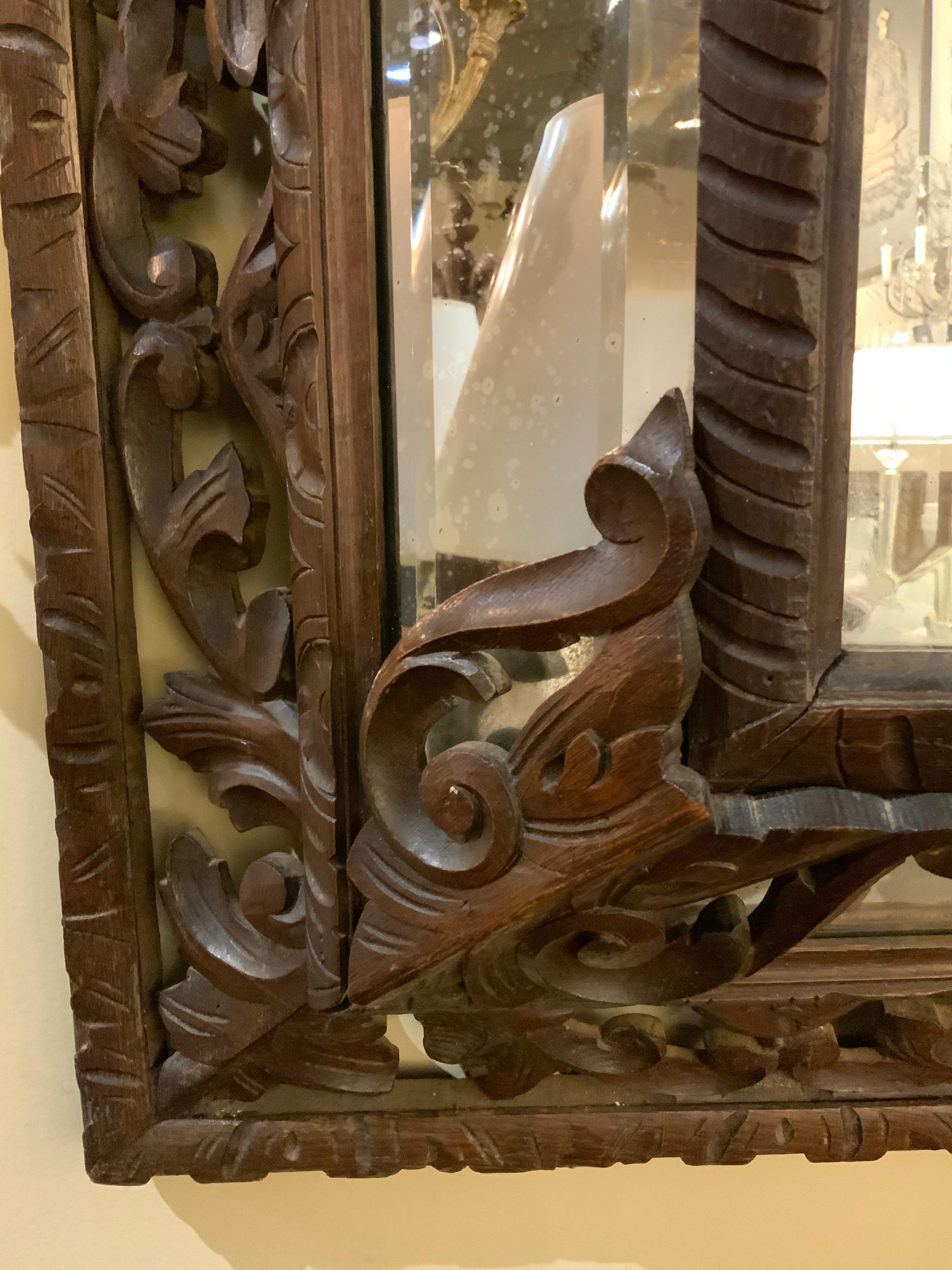 Carved Renaissance Style Dark Oak Framed Mirror 19th Century from Spain 1