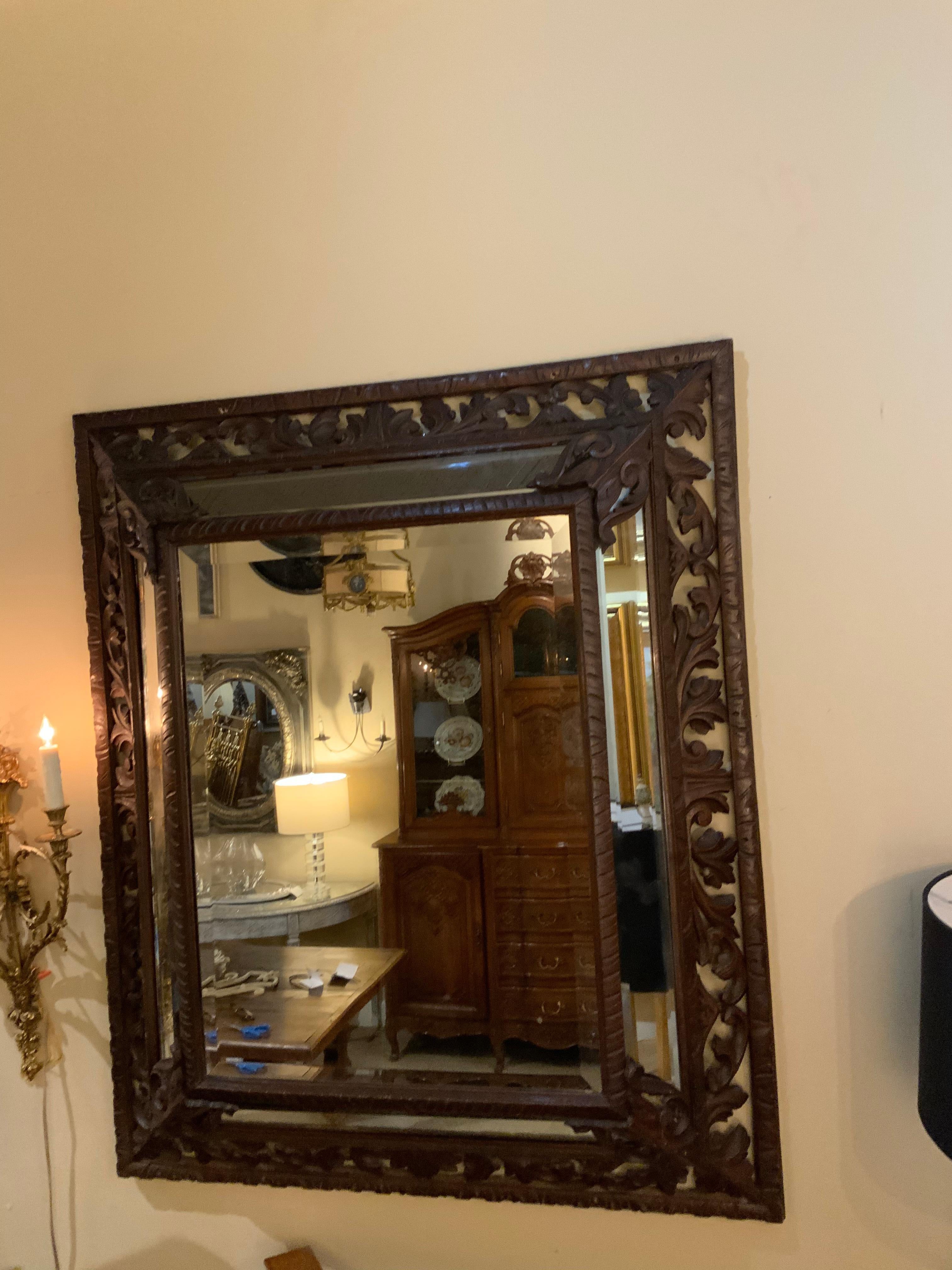 Carved Renaissance Style Dark Oak Framed Mirror 19th Century from Spain 2