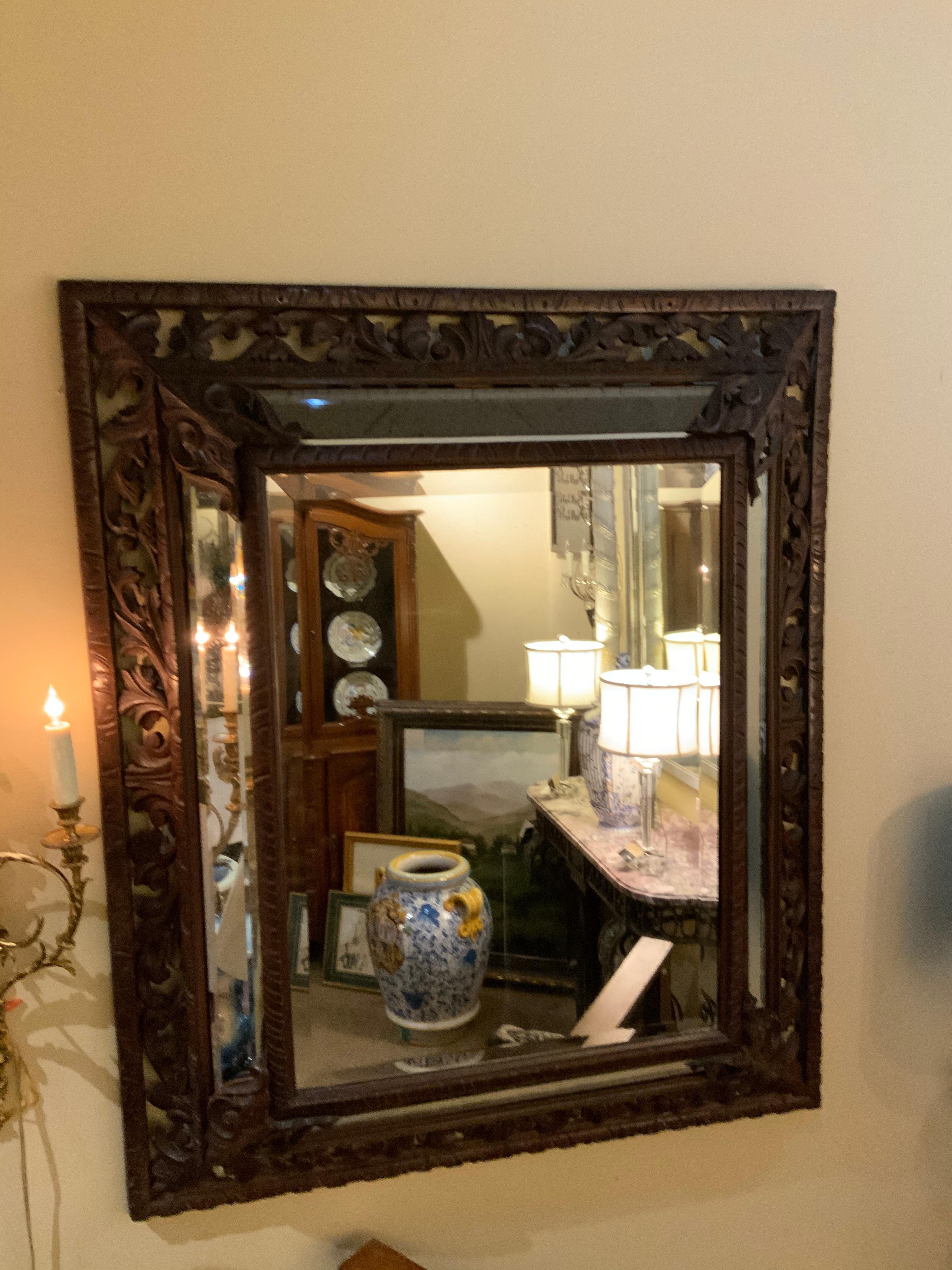 Carved Renaissance Style Dark Oak Framed Mirror 19th Century from Spain 3