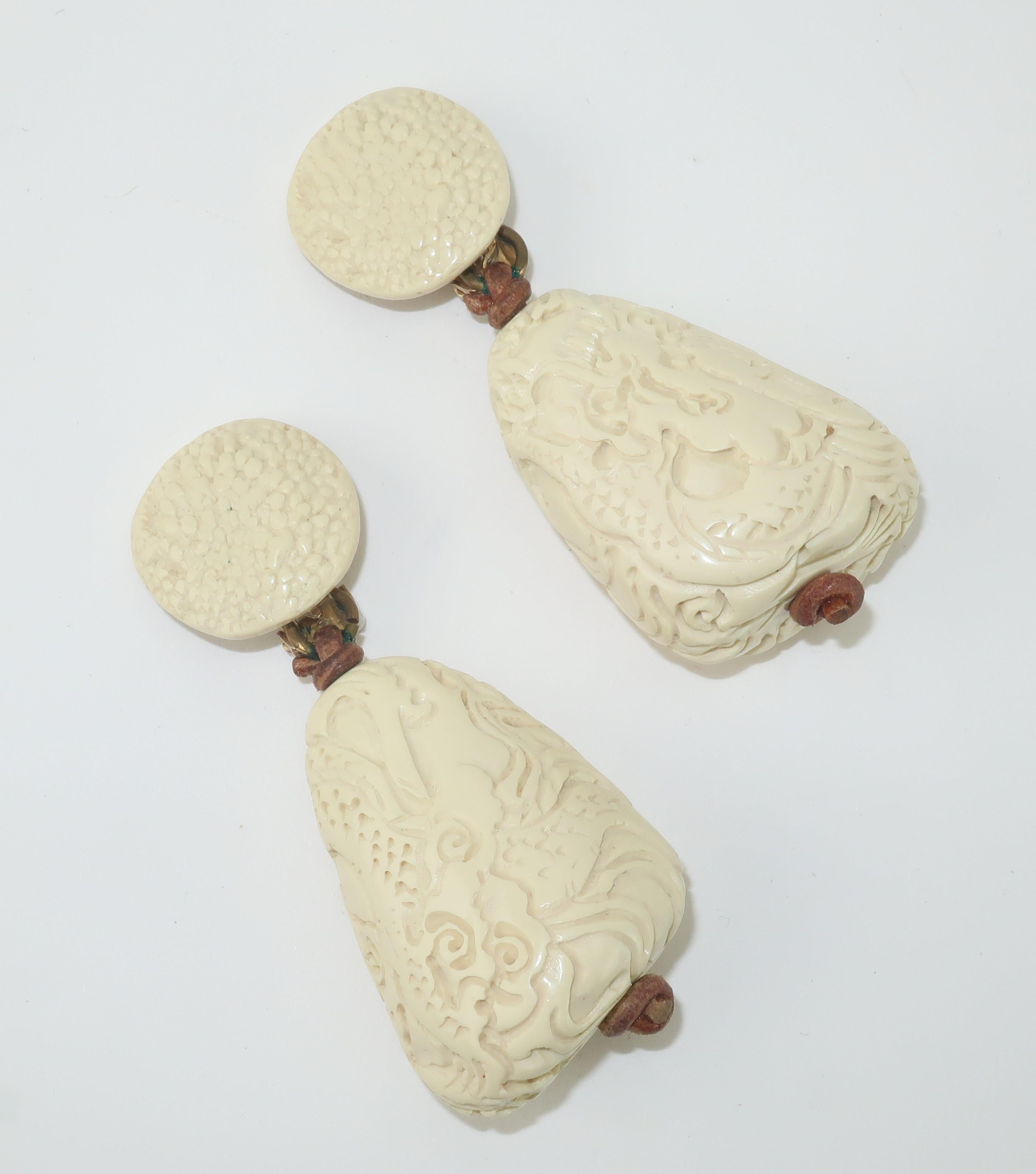 Artisan Carved Resin Tribal Style Earrings, 1980's