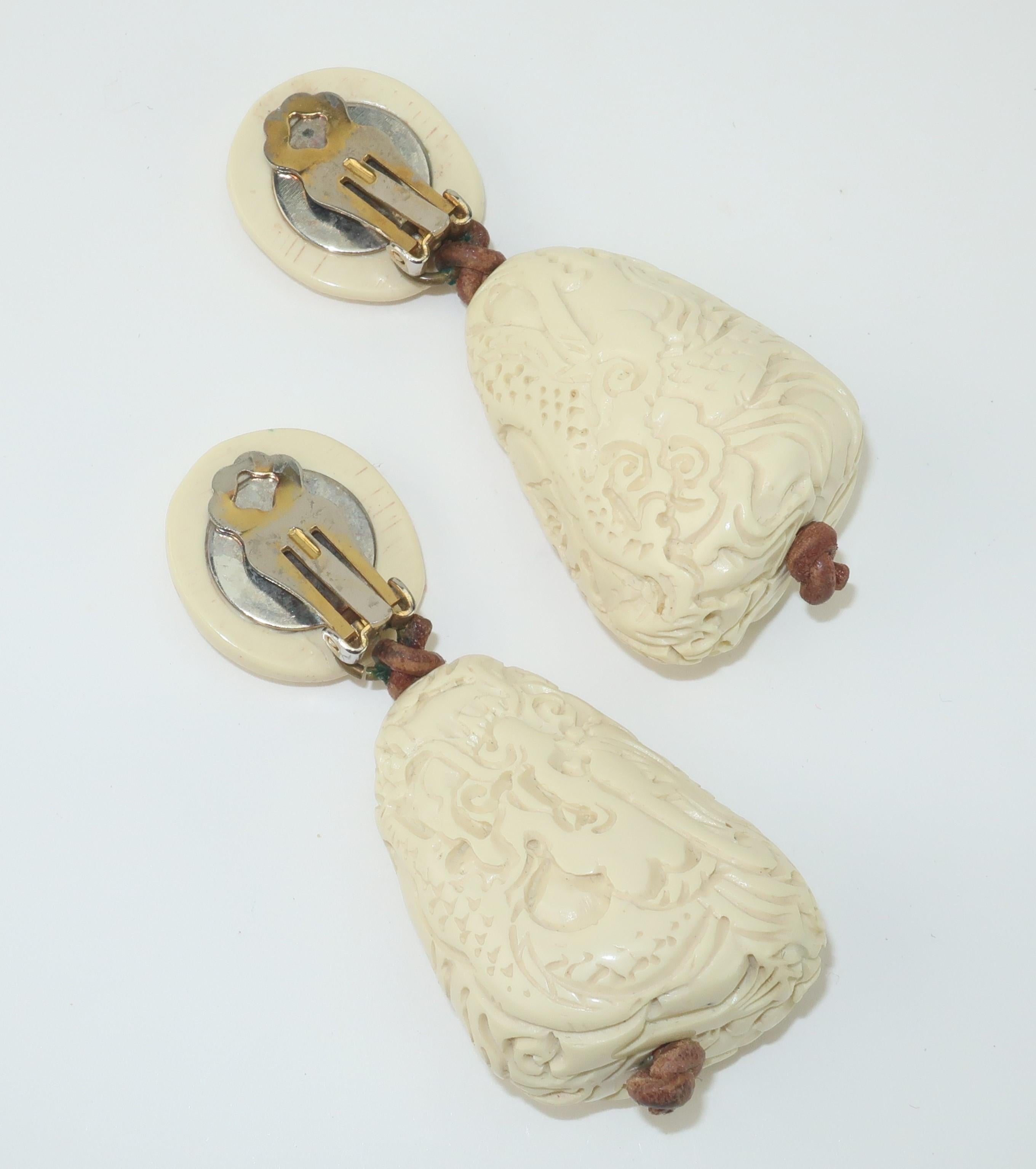 Women's Carved Resin Tribal Style Earrings, 1980's