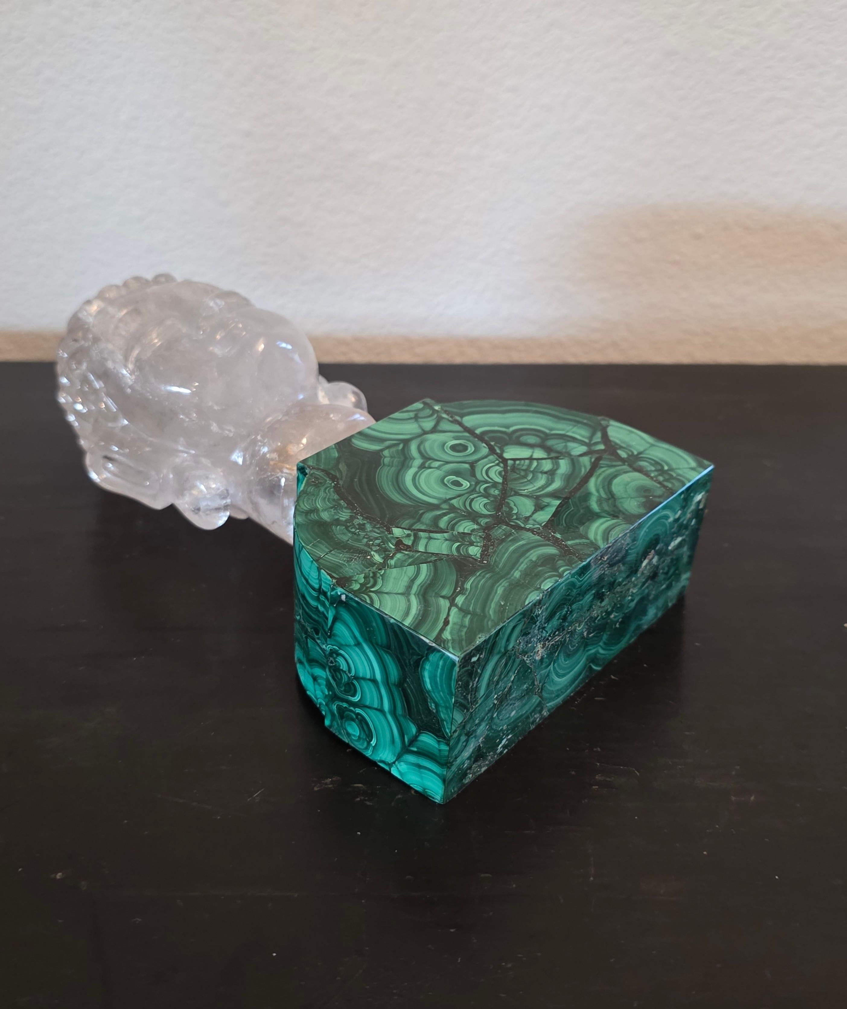 Carved Rock Crystal Buddha Head Sculpture On Malachite Base en vente 4