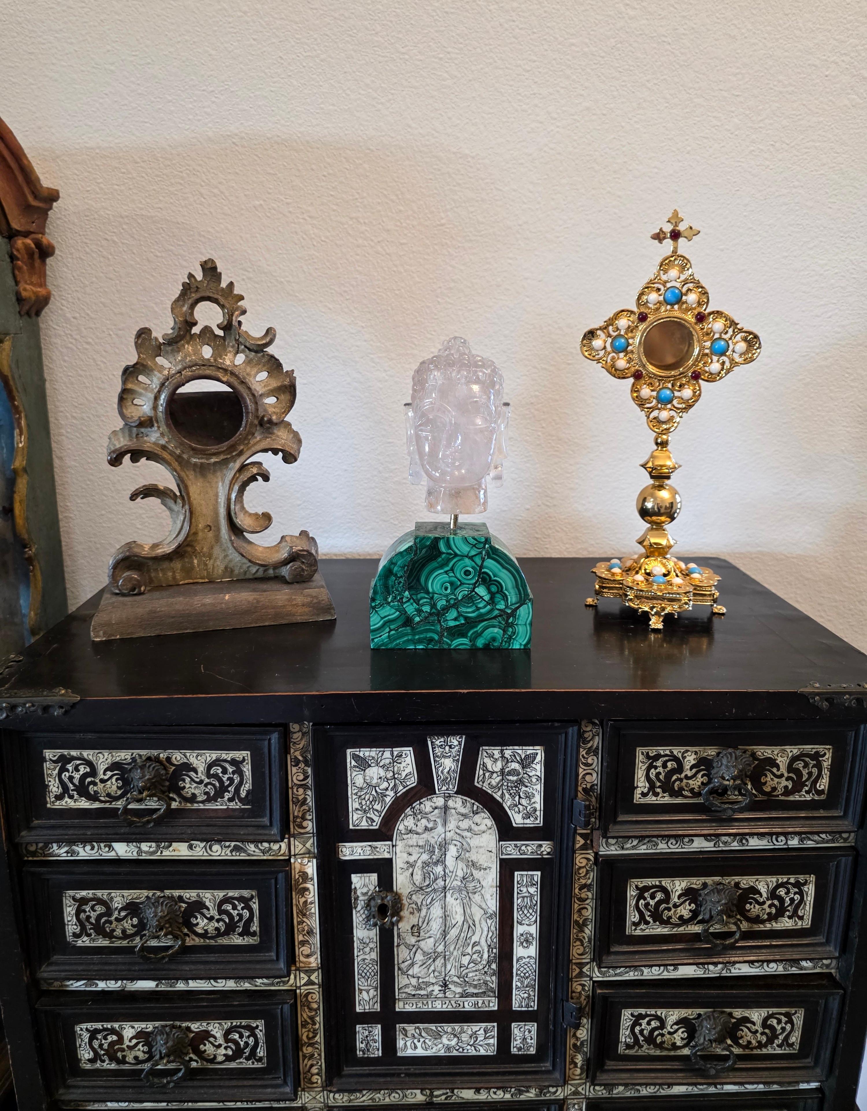 Carved Rock Crystal Buddha Head Sculpture On Malachite Base en vente 5
