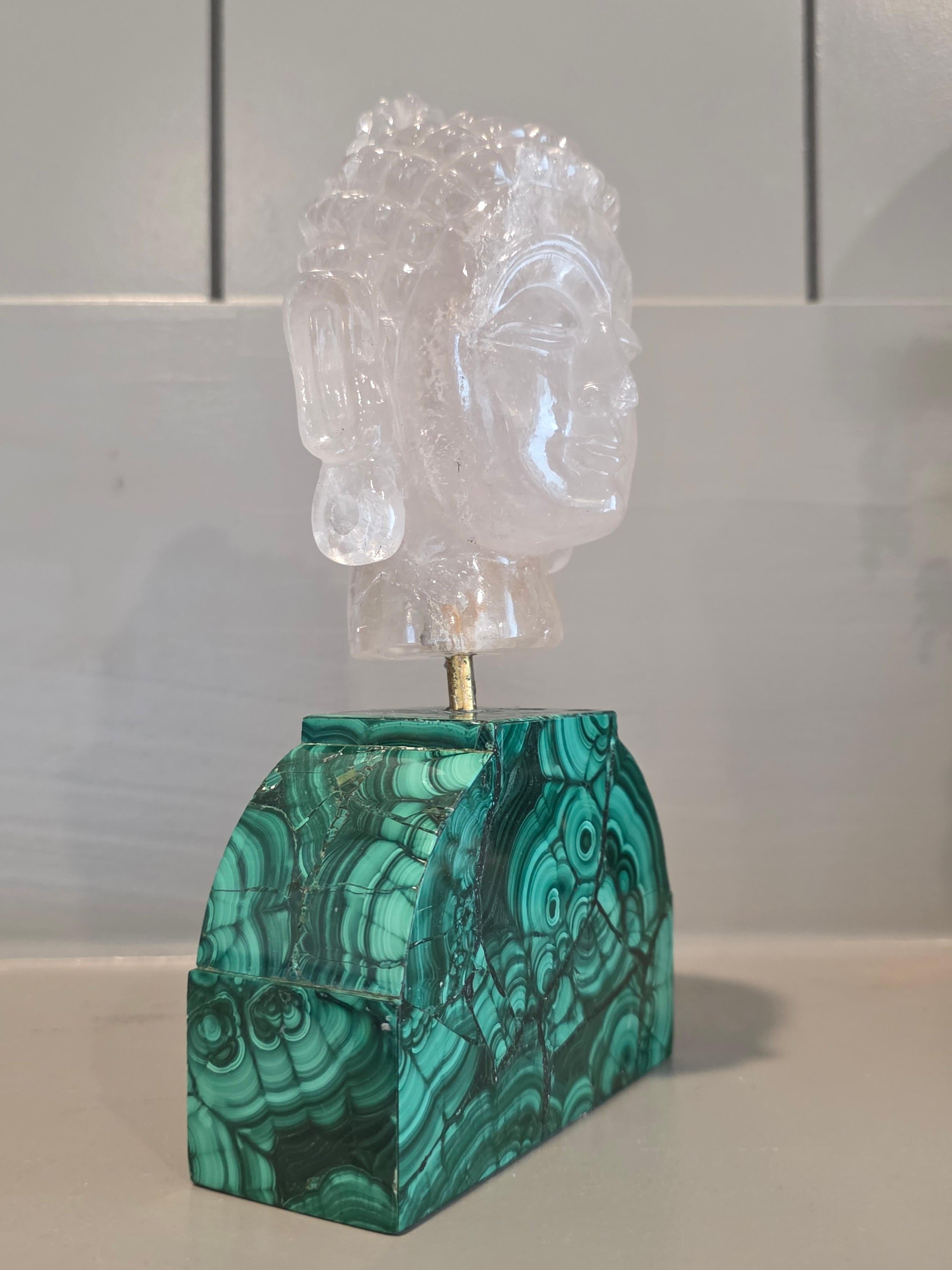 Carved Rock Crystal Buddha Head Sculpture On Malachite Base en vente 6