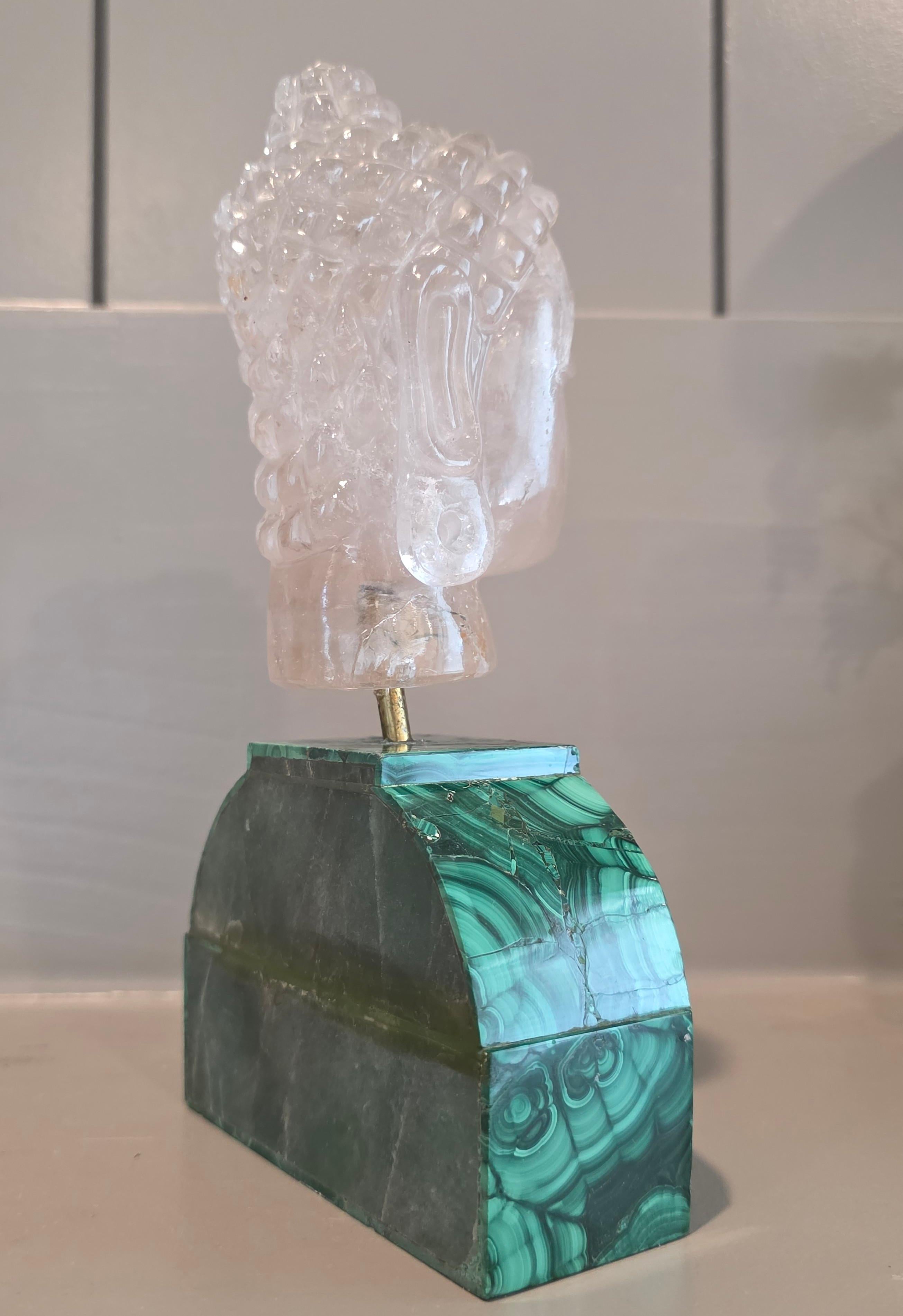 Carved Rock Crystal Buddha Head Sculpture On Malachite Base en vente 7