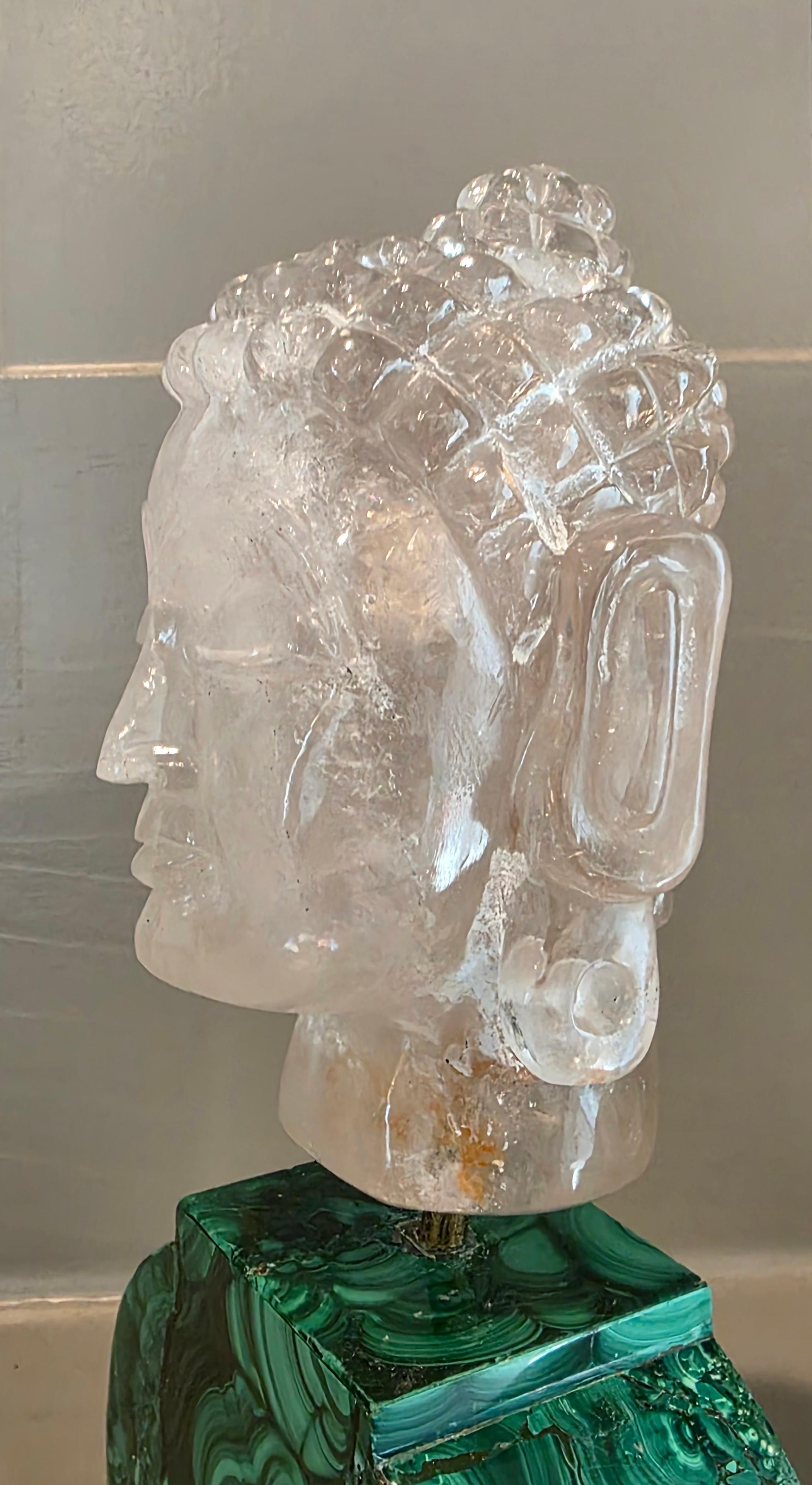Carved Rock Crystal Buddha Head Sculpture On Malachite Base en vente 8