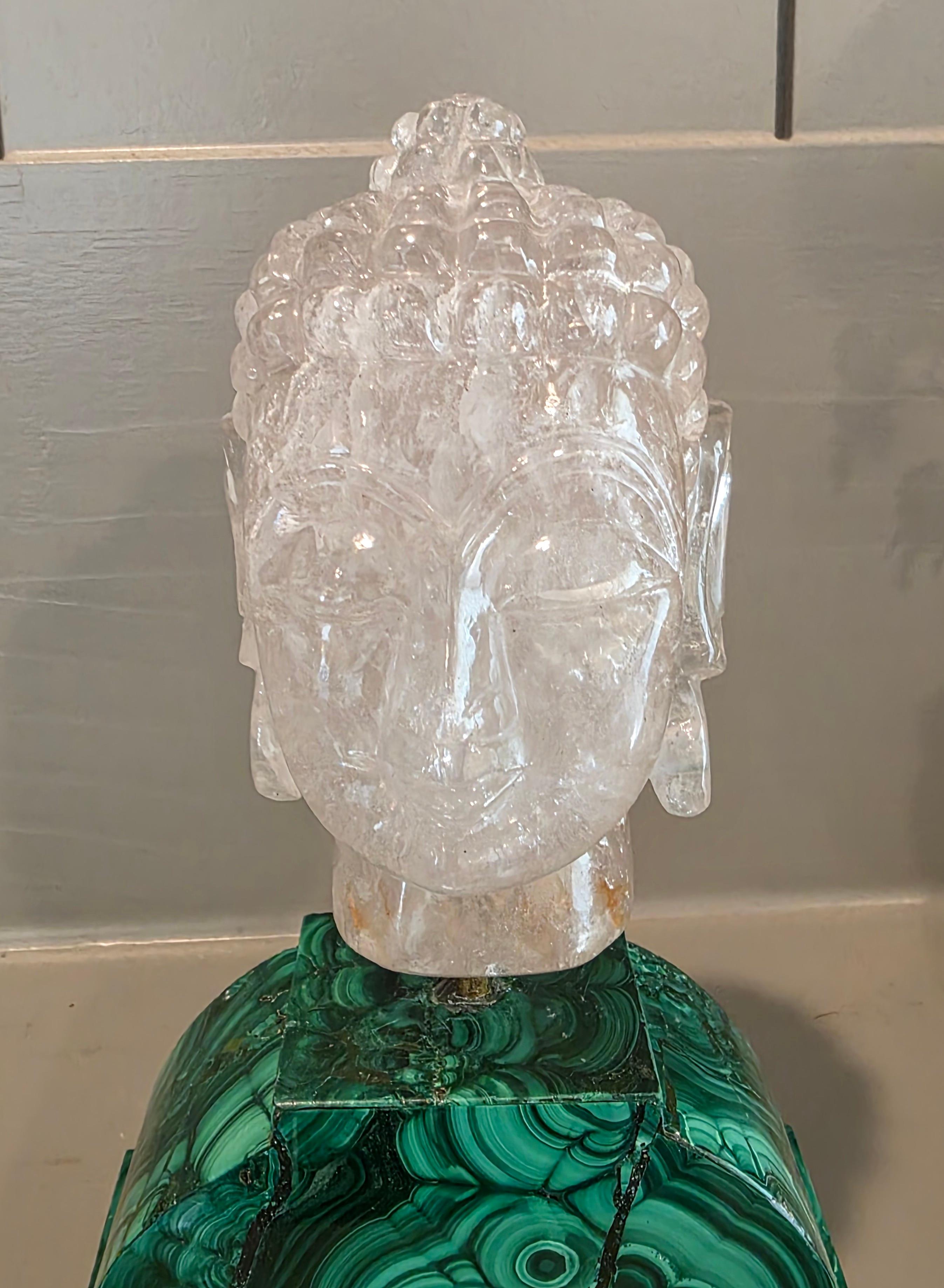 Carved Rock Crystal Buddha Head Sculpture On Malachite Base en vente 9