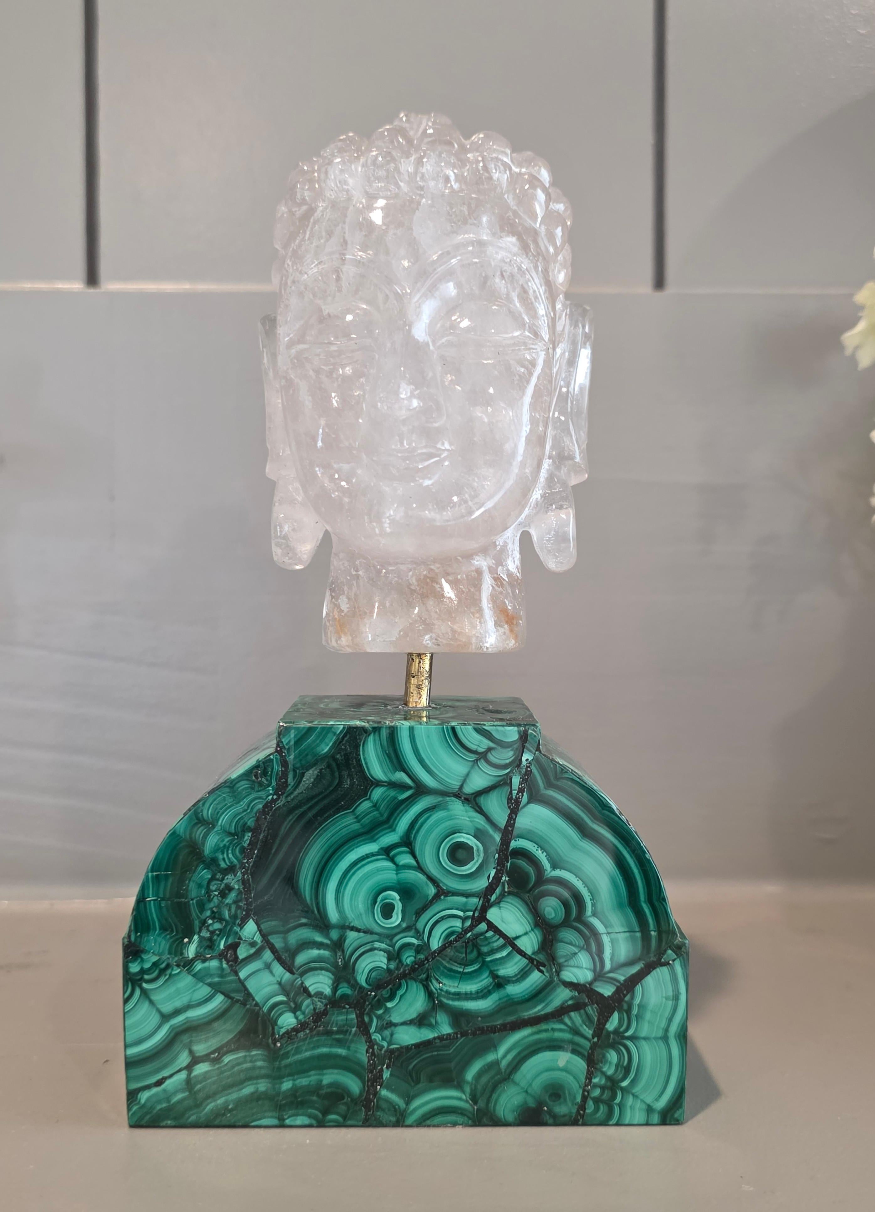 Carved Rock Crystal Buddha Head Sculpture On Malachite Base en vente 10