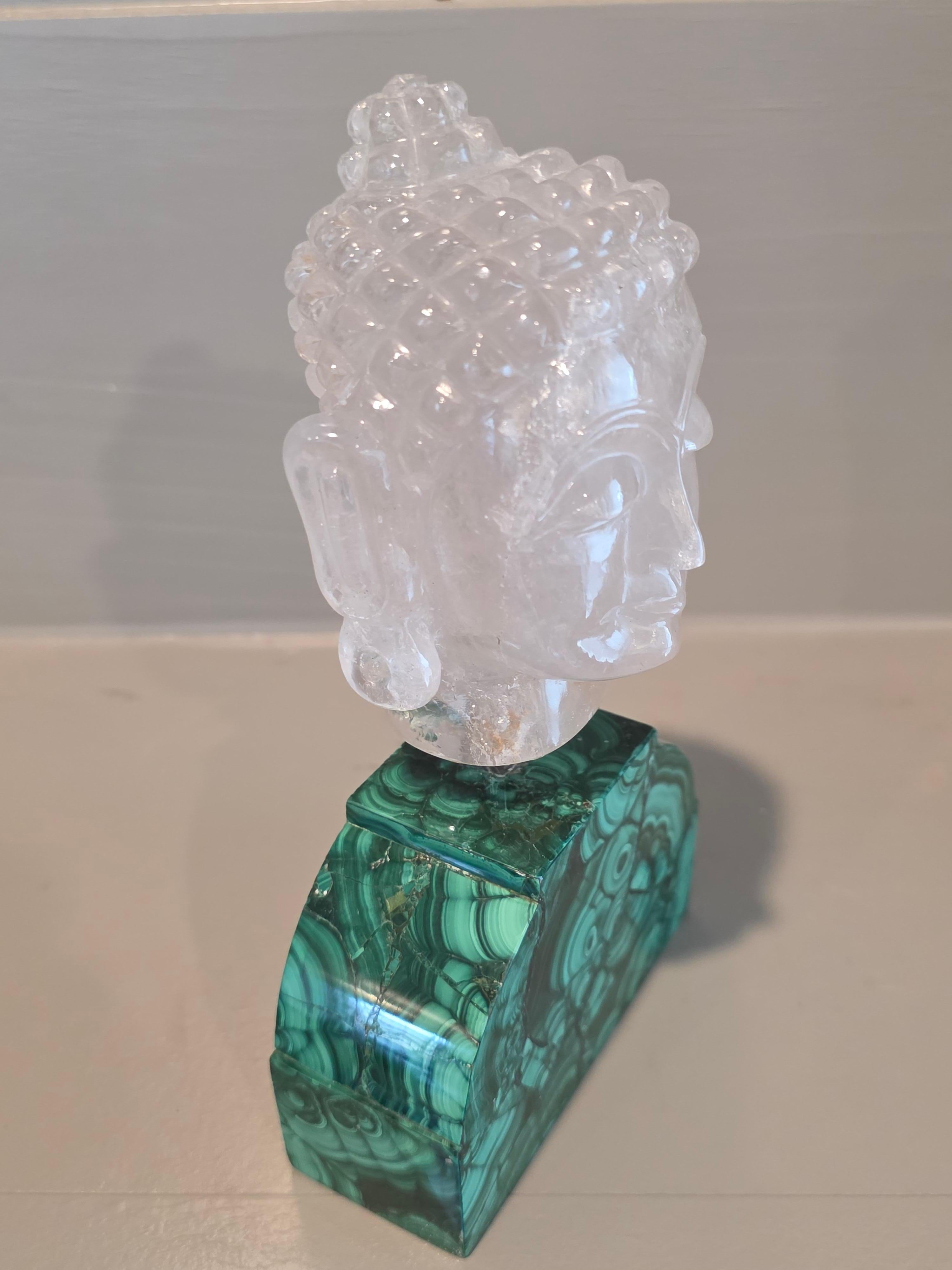 Carved Rock Crystal Buddha Head Sculpture On Malachite Base en vente 11
