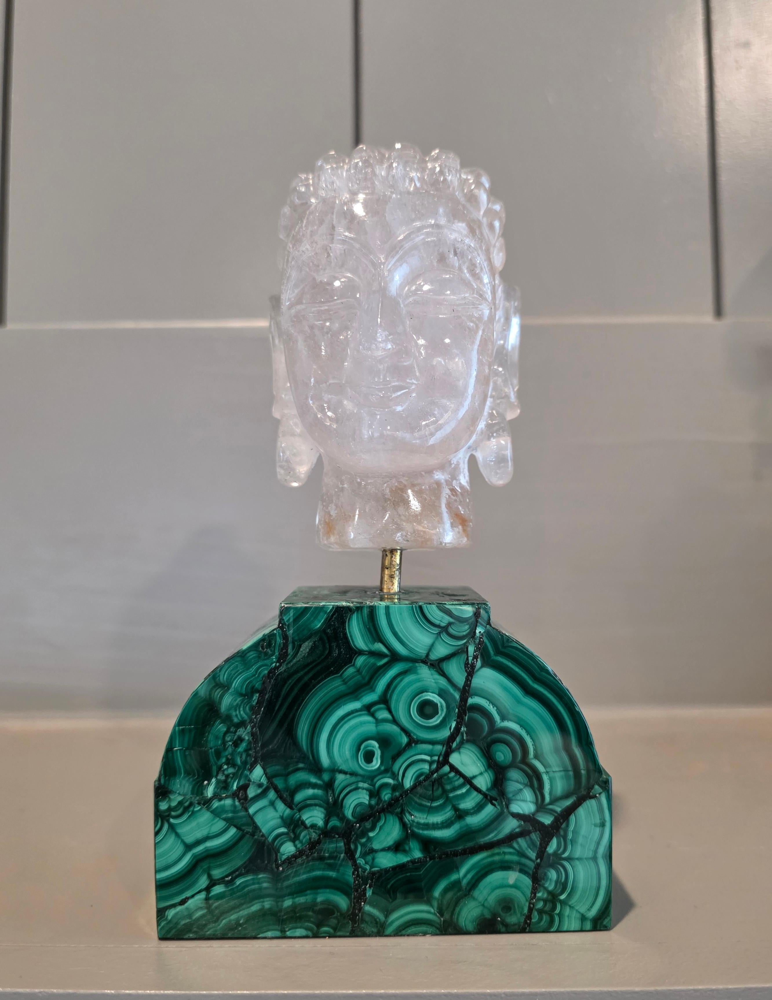 Carved Rock Crystal Buddha Head Sculpture On Malachite Base en vente 13