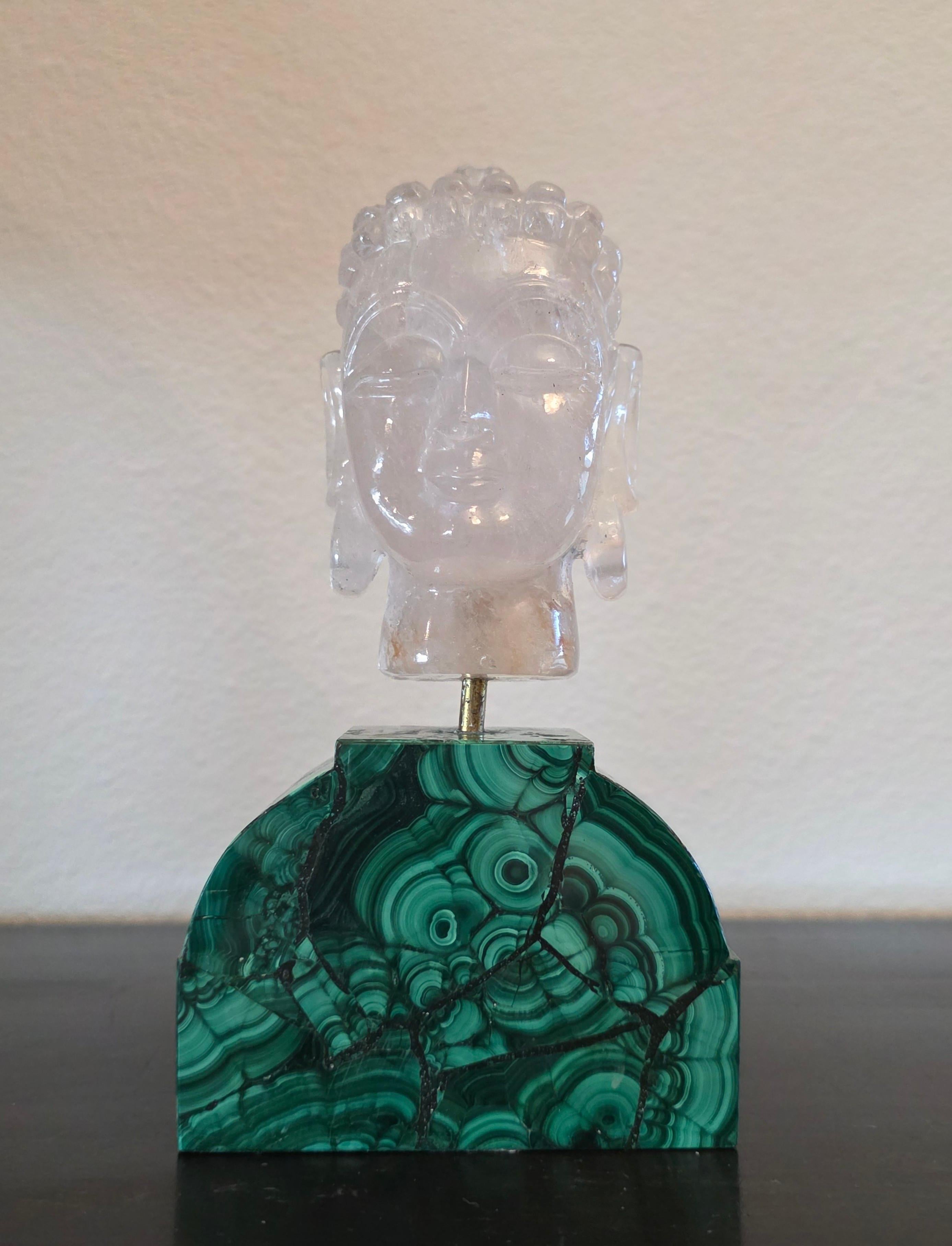 Moderne Carved Rock Crystal Buddha Head Sculpture On Malachite Base en vente