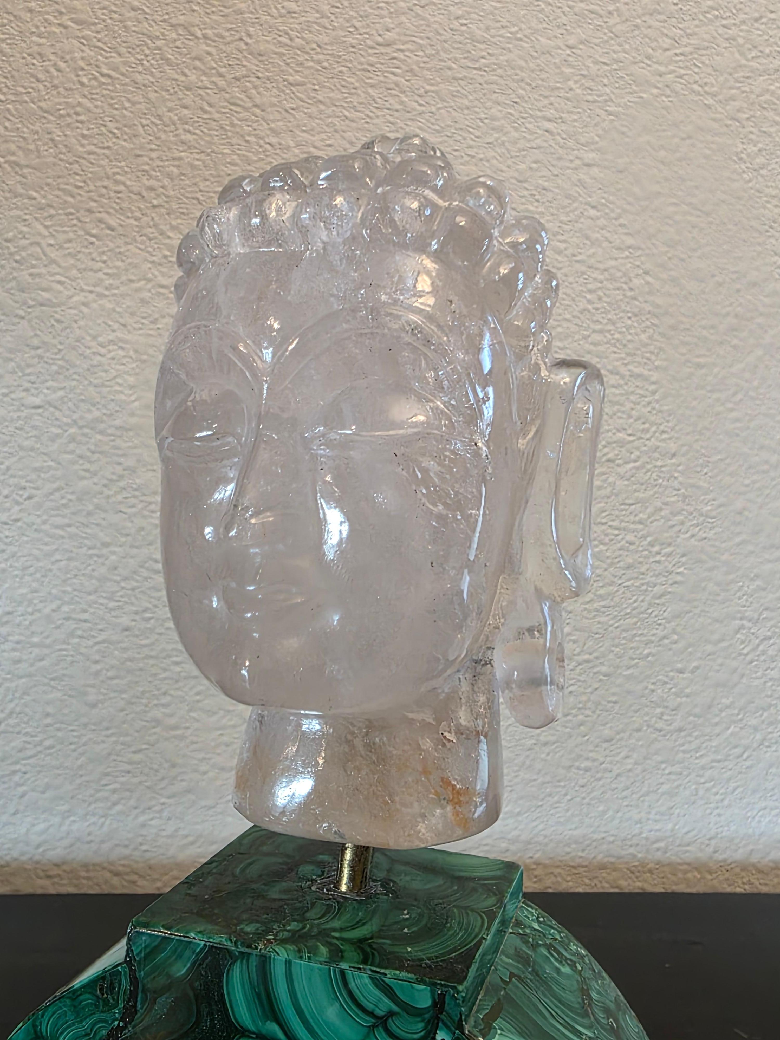 Carved Rock Crystal Buddha Head Sculpture On Malachite Base Bon état - En vente à Forney, TX