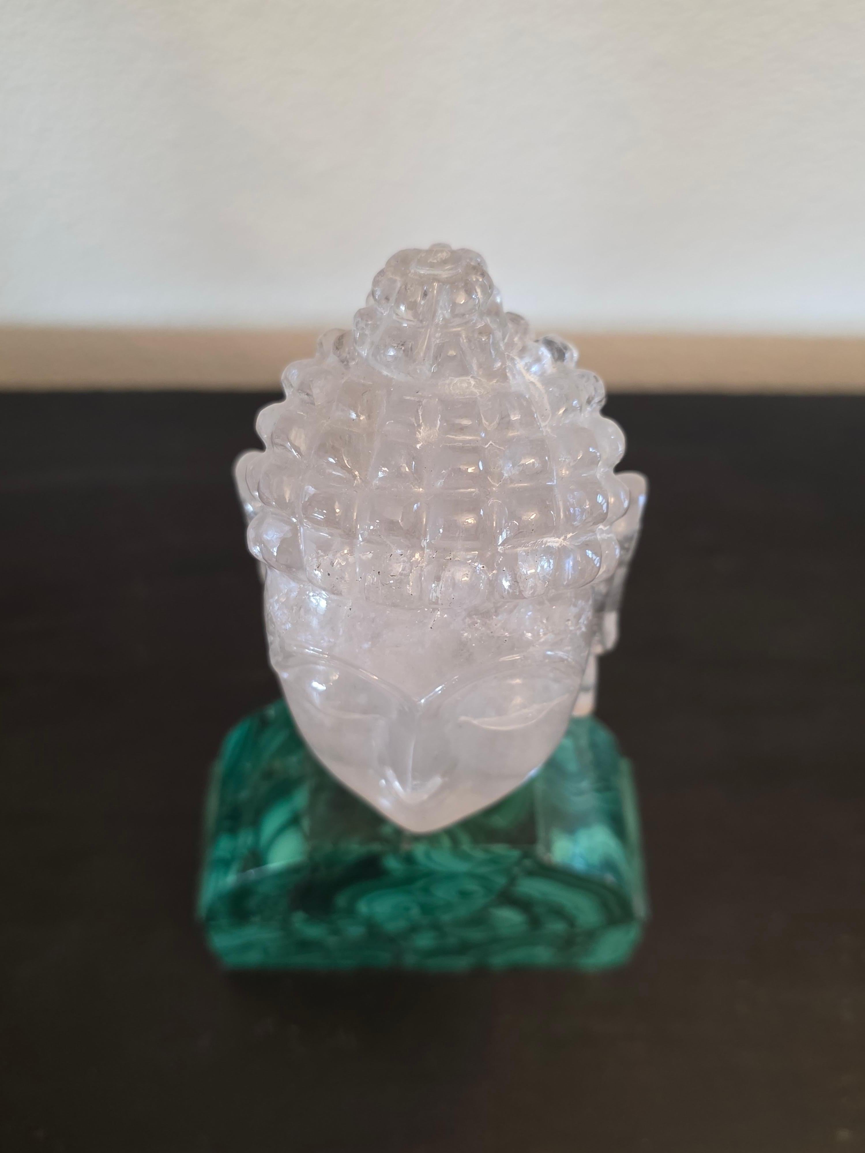 Carved Rock Crystal Buddha Head Sculpture On Malachite Base en vente 1