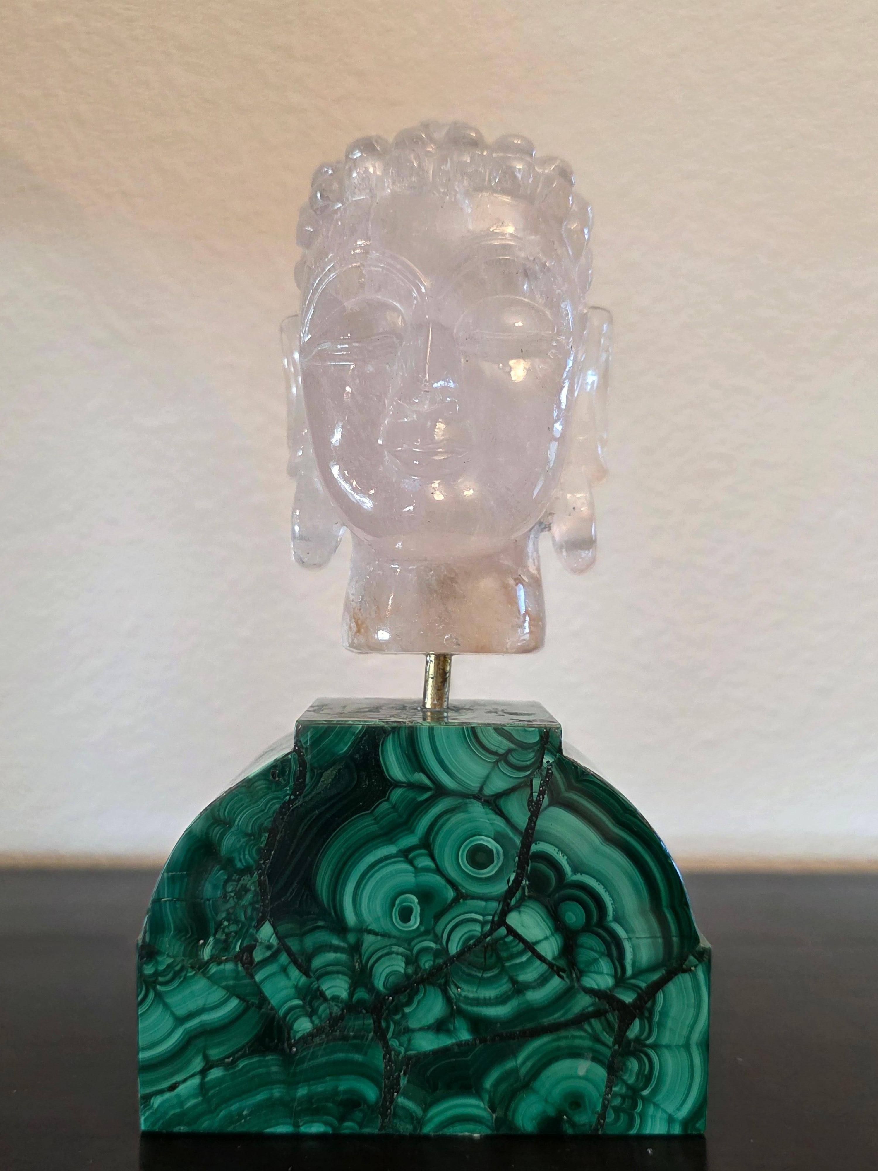 Carved Rock Crystal Buddha Head Sculpture On Malachite Base en vente 2