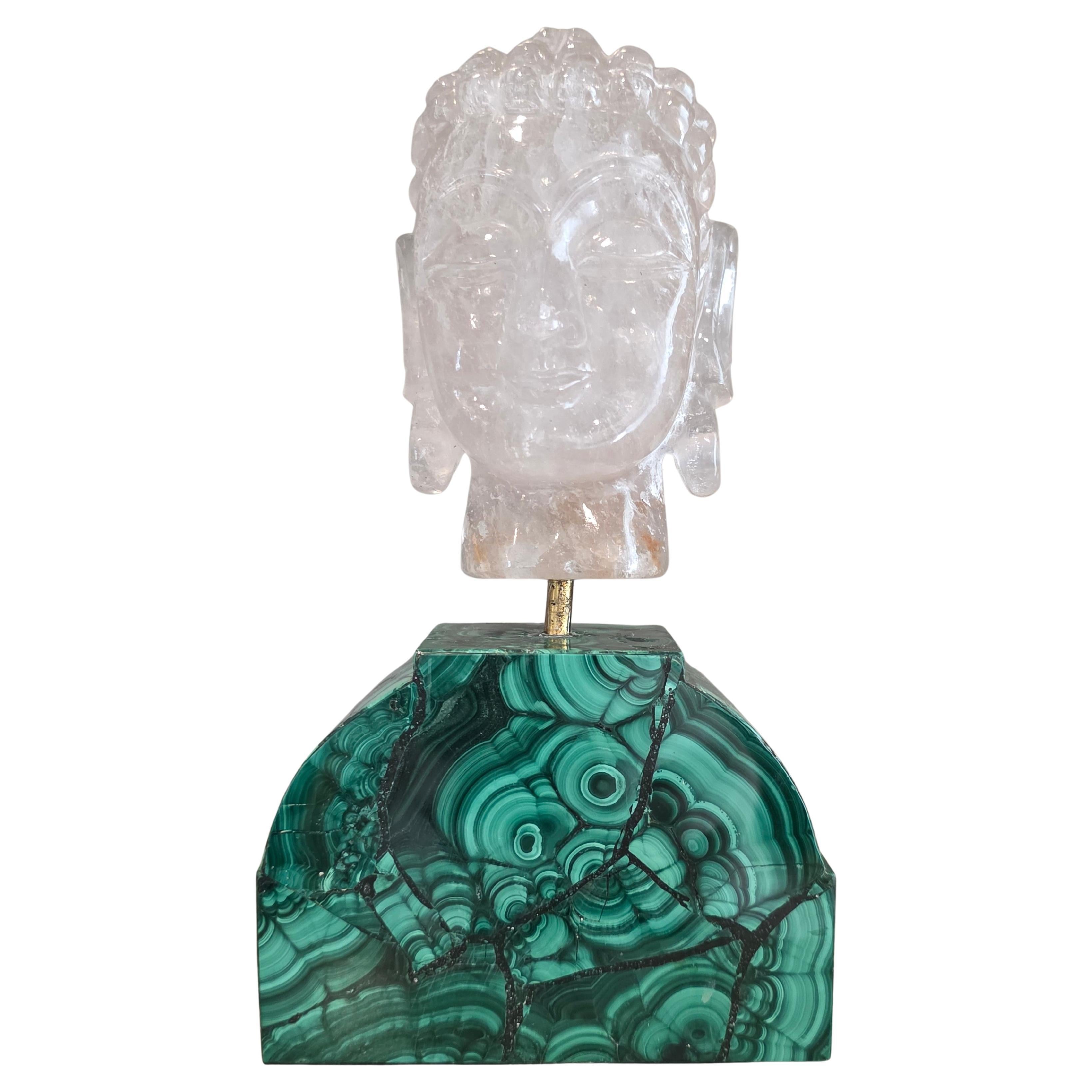 Carved Rock Crystal Buddha Head Sculpture On Malachite Base en vente