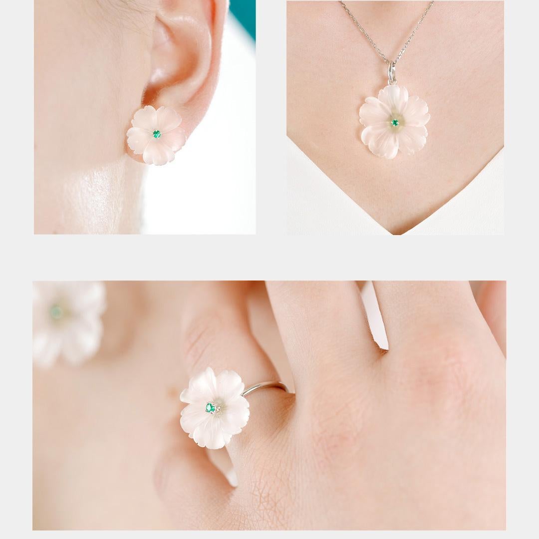Geschnitzte Bergkristall-Smaragdblume 18K Weißgold Ohrstecker Cocktail-Love-Ohrringe im Angebot 14