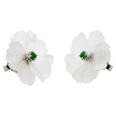 Carved Rock Crystal Emerald Flower 18K White Gold Stud Cocktail Love Earrings