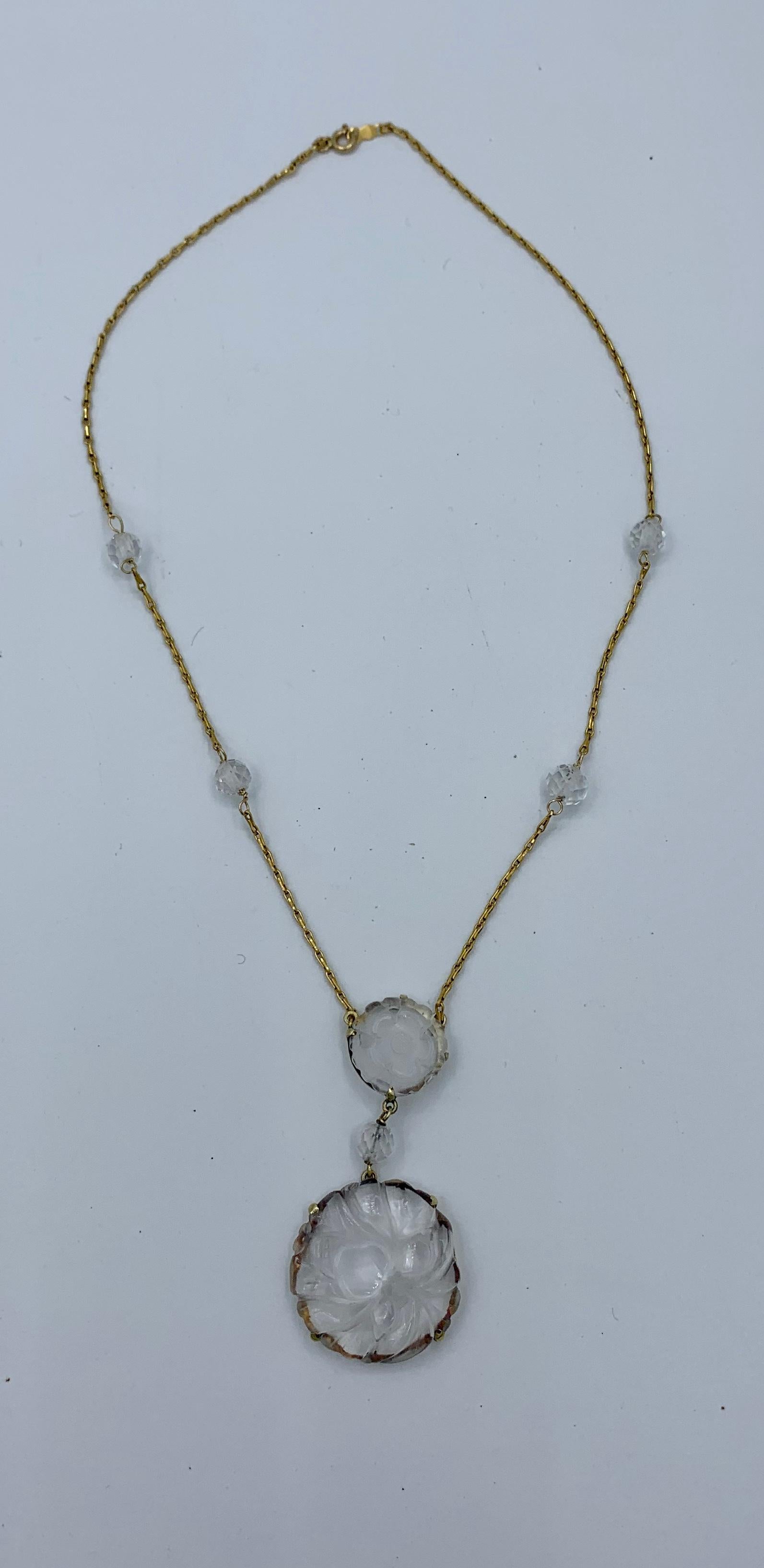 Women's Carved Rock Crystal Flower 14 Karat Gold Necklace Antique Retro Mid-Century For Sale