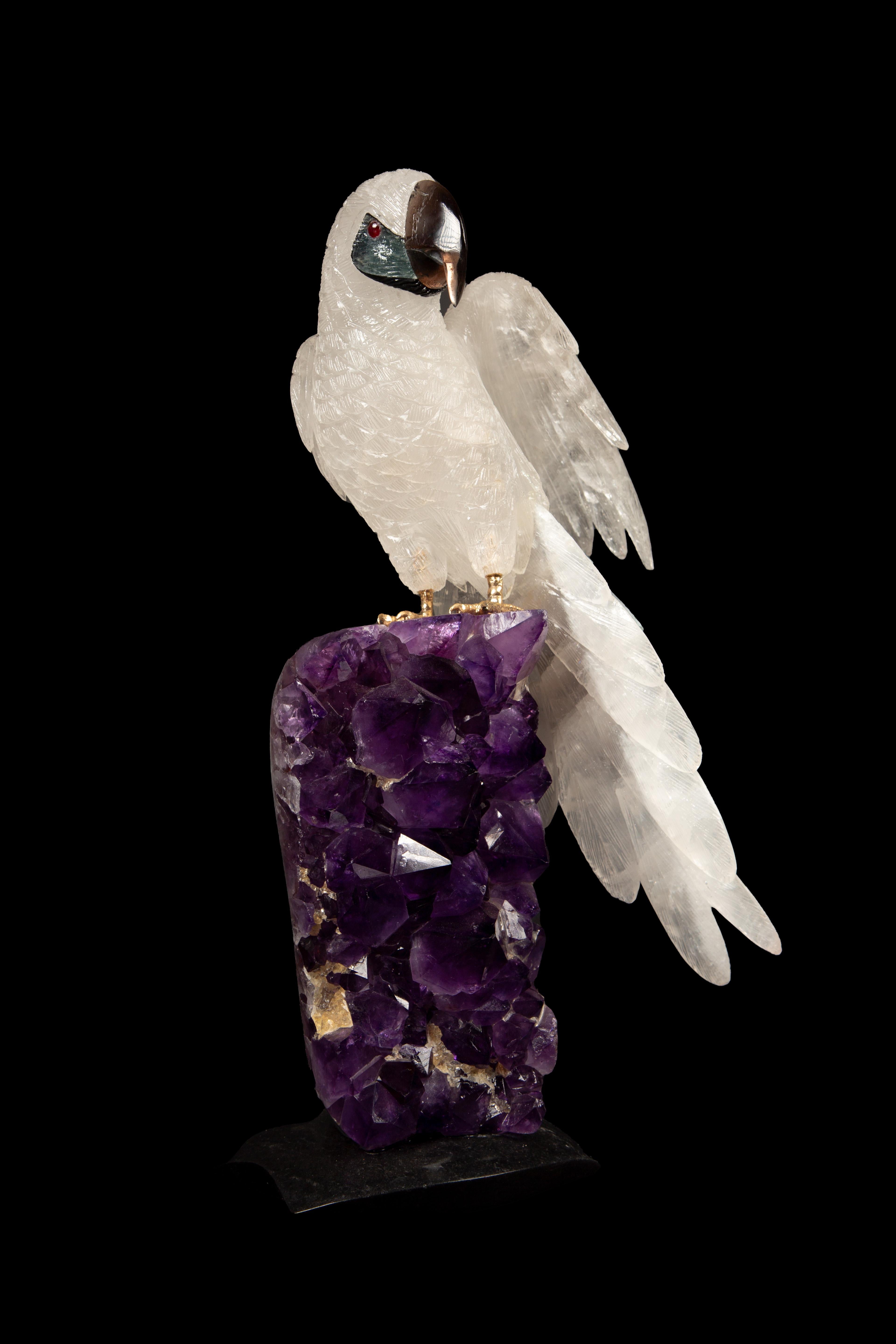 Argentine Carved Rock Crystal Parrot Mounted on an Amethyst Cluster 13