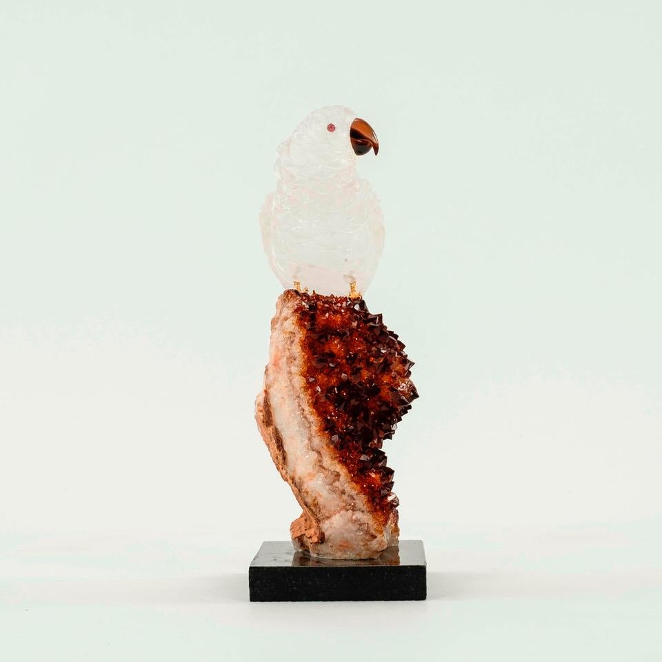 Hand-Carved Carved Rock Crystal Quartz Cockatoo Bird on Citrine For Sale