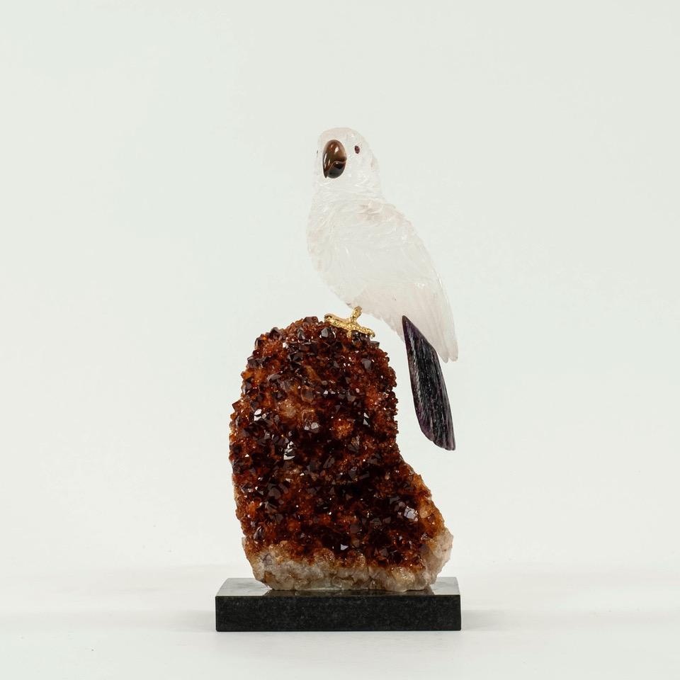 Aesthetic Movement Carved Rock Crystal Quartz Cockatoo Bird on Citrine For Sale