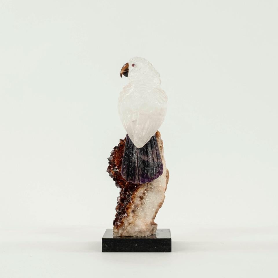 Brazilian Carved Rock Crystal Quartz Cockatoo Bird on Citrine For Sale