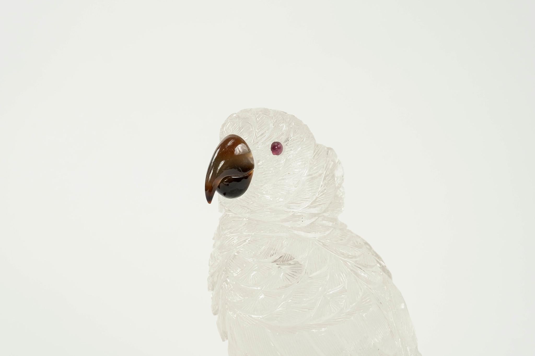 Carved Rock Crystal Quartz Cockatoo Bird on Citrine In New Condition For Sale In Houston, TX