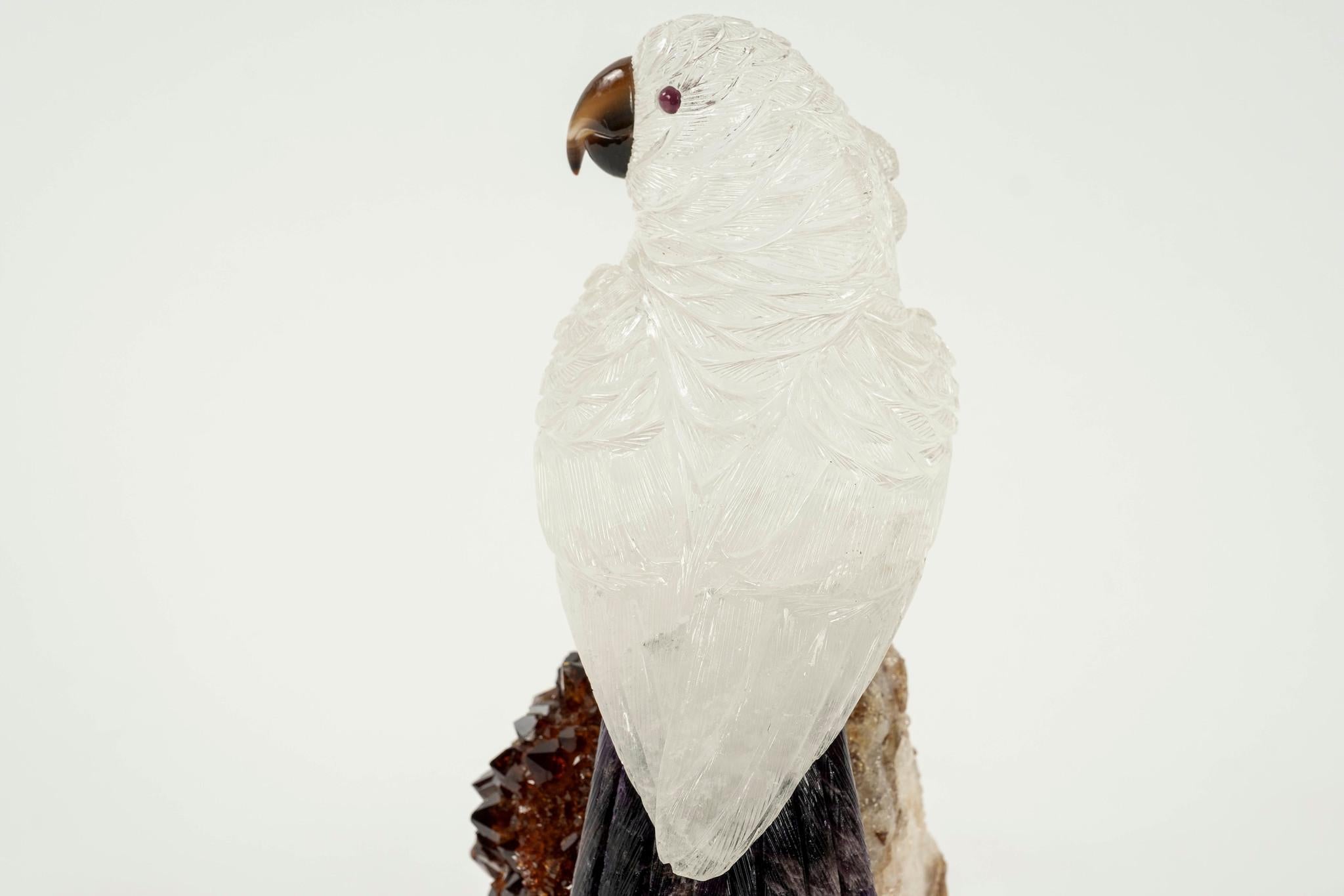Contemporary Carved Rock Crystal Quartz Cockatoo Bird on Citrine For Sale