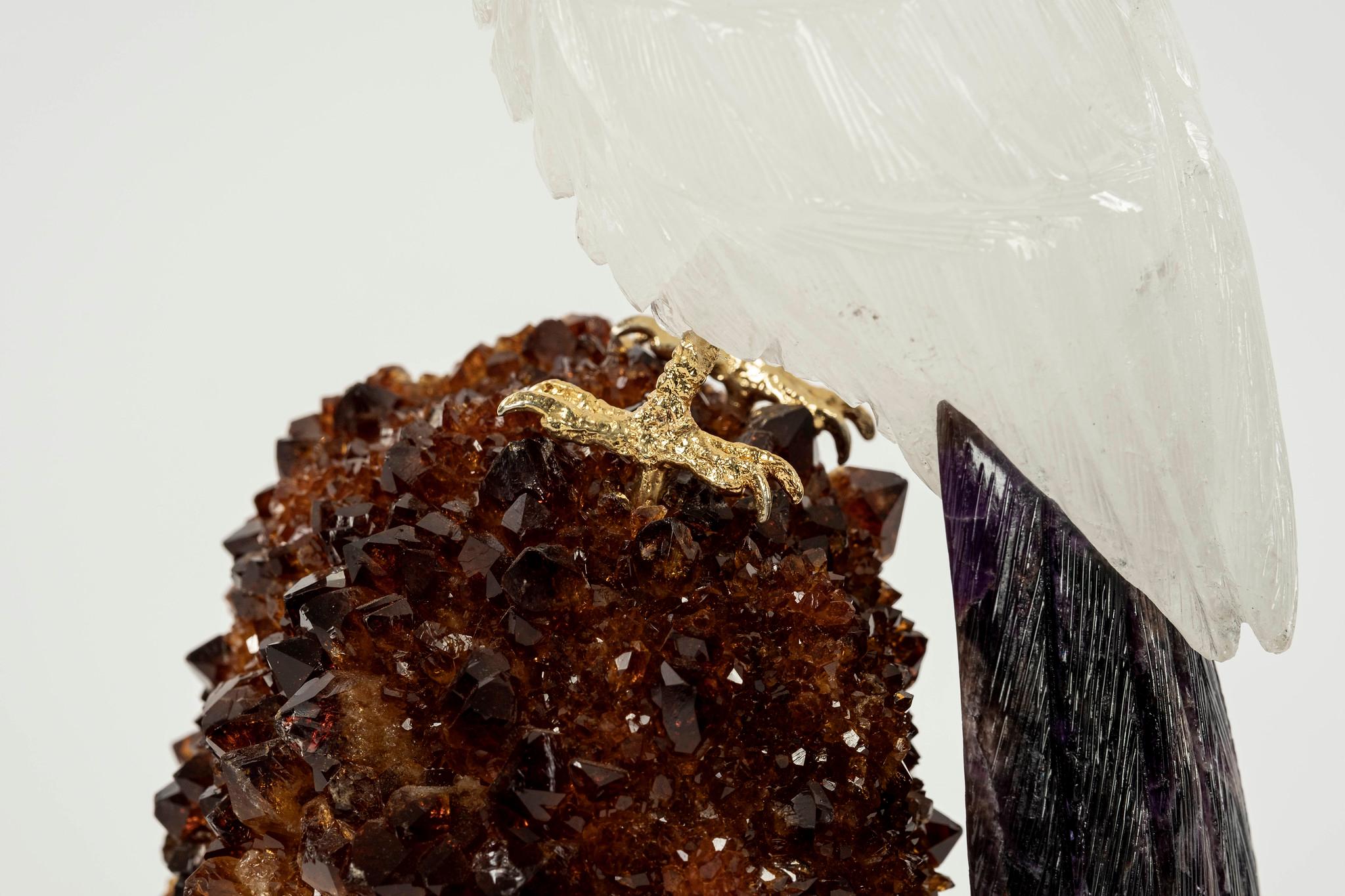 Carved Rock Crystal Quartz Cockatoo Bird on Citrine 1