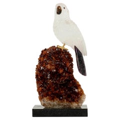 Carved Rock Crystal Quartz Cockatoo Bird on Citrine