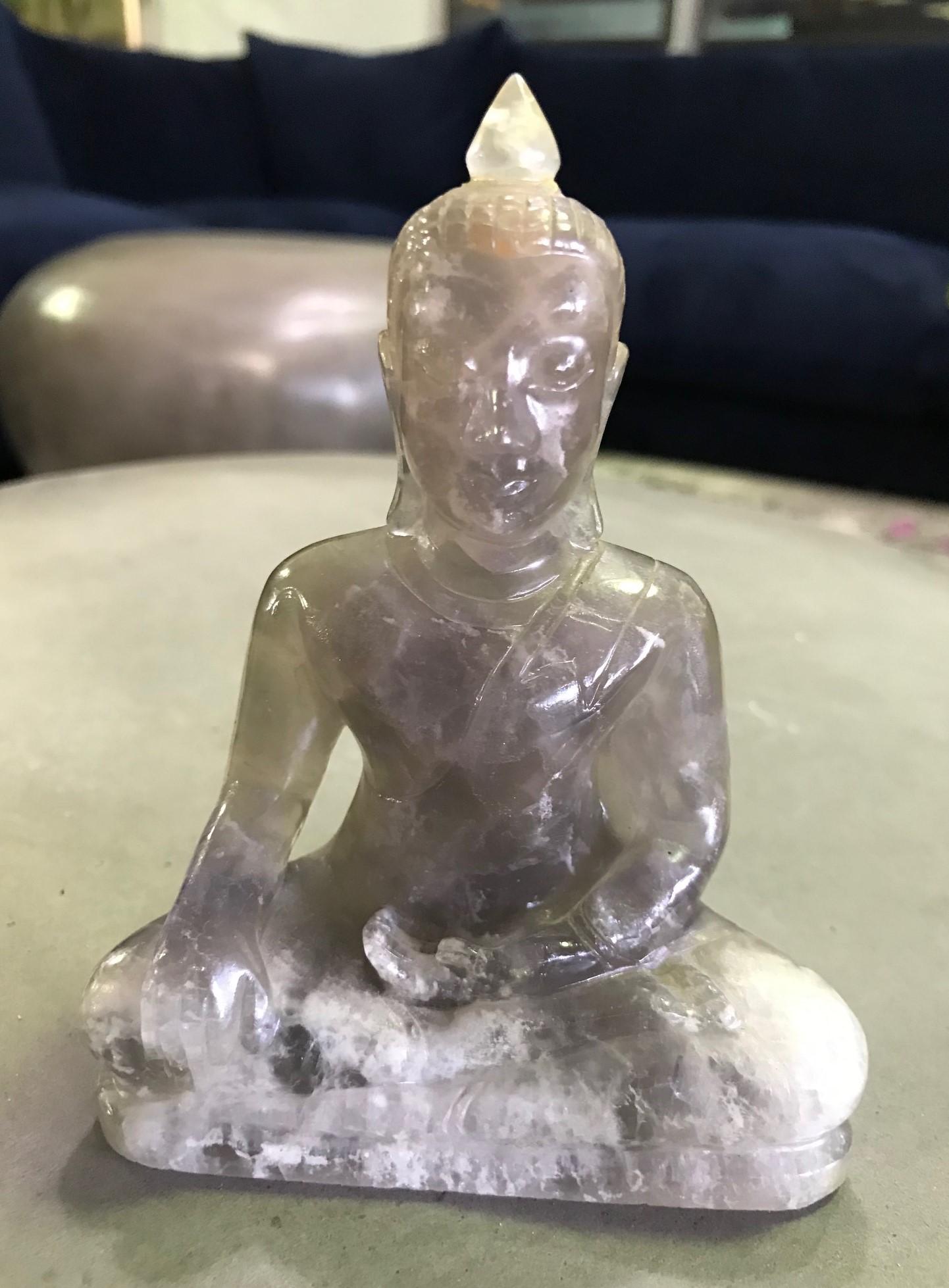 A truly wonderful work. Finely done in gorgeous colored rock crystal. A beautiful feel to this work. 

This piece, along with a few others we are listing, was acquired from a collection of Asian and Indian Buddha and other religious and ancestral