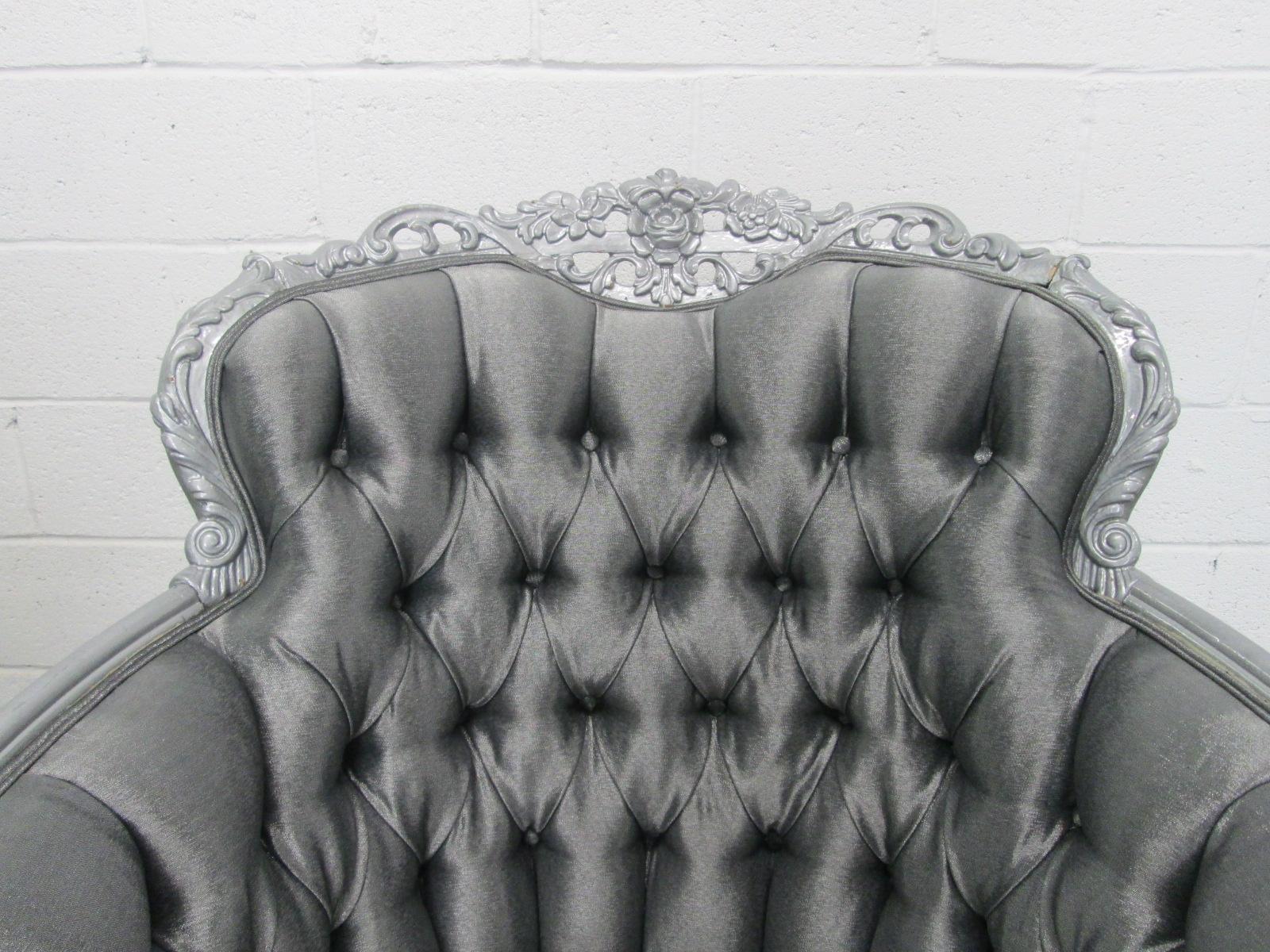 Satin Carved Rococo Style Silver Tufted Chair For Sale