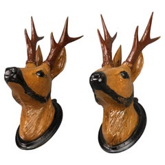 Vintage Carved Roe Deer Heads Wall Mounts Decoration, Germany, 1930s, Set of Two