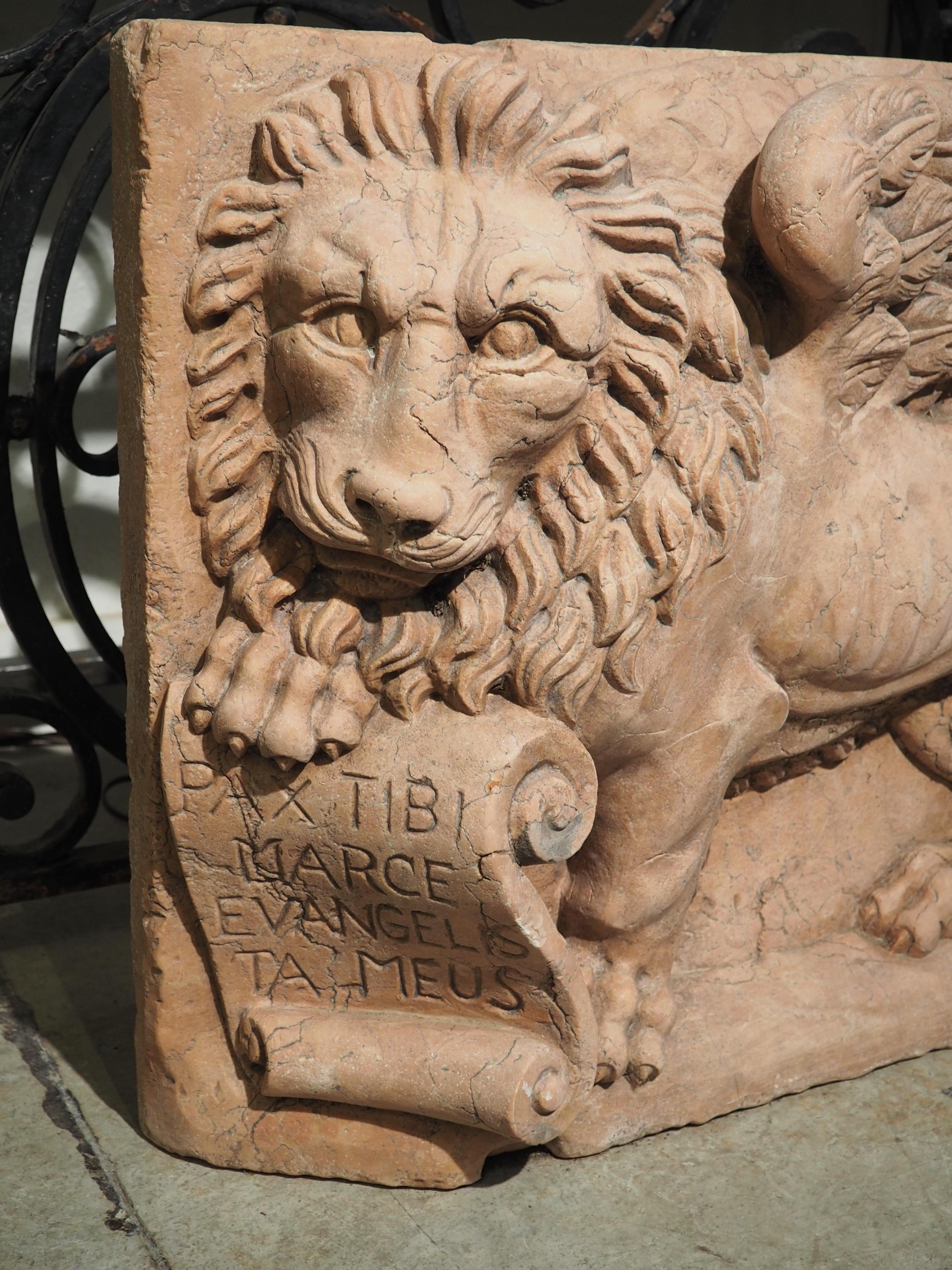 Carved Rosa Verona Marble Plaque from Italy, The Winged Lion of Venice In Good Condition In Dallas, TX